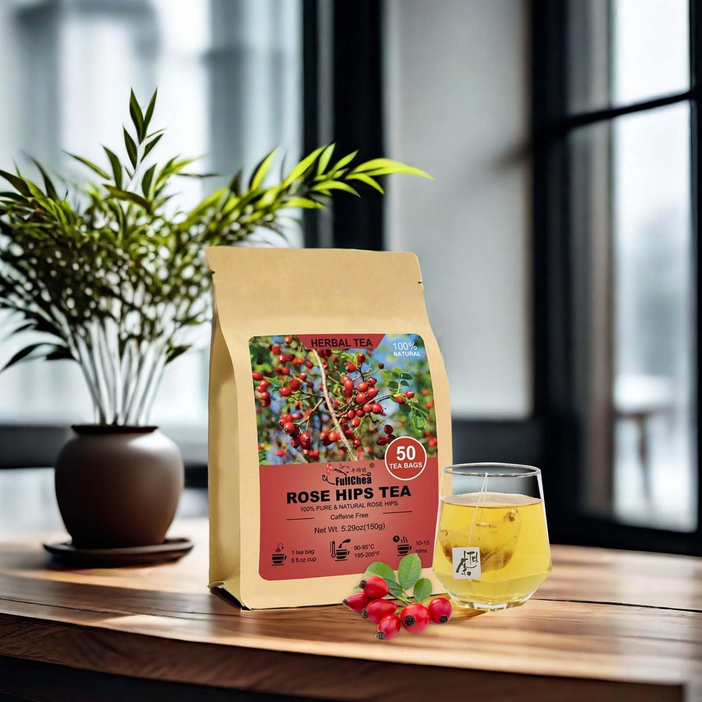FullChea Rose Hips Tea Bags - 50 Count, Non-GMO, Caffeine-free, Supports Digestion & Immunity
