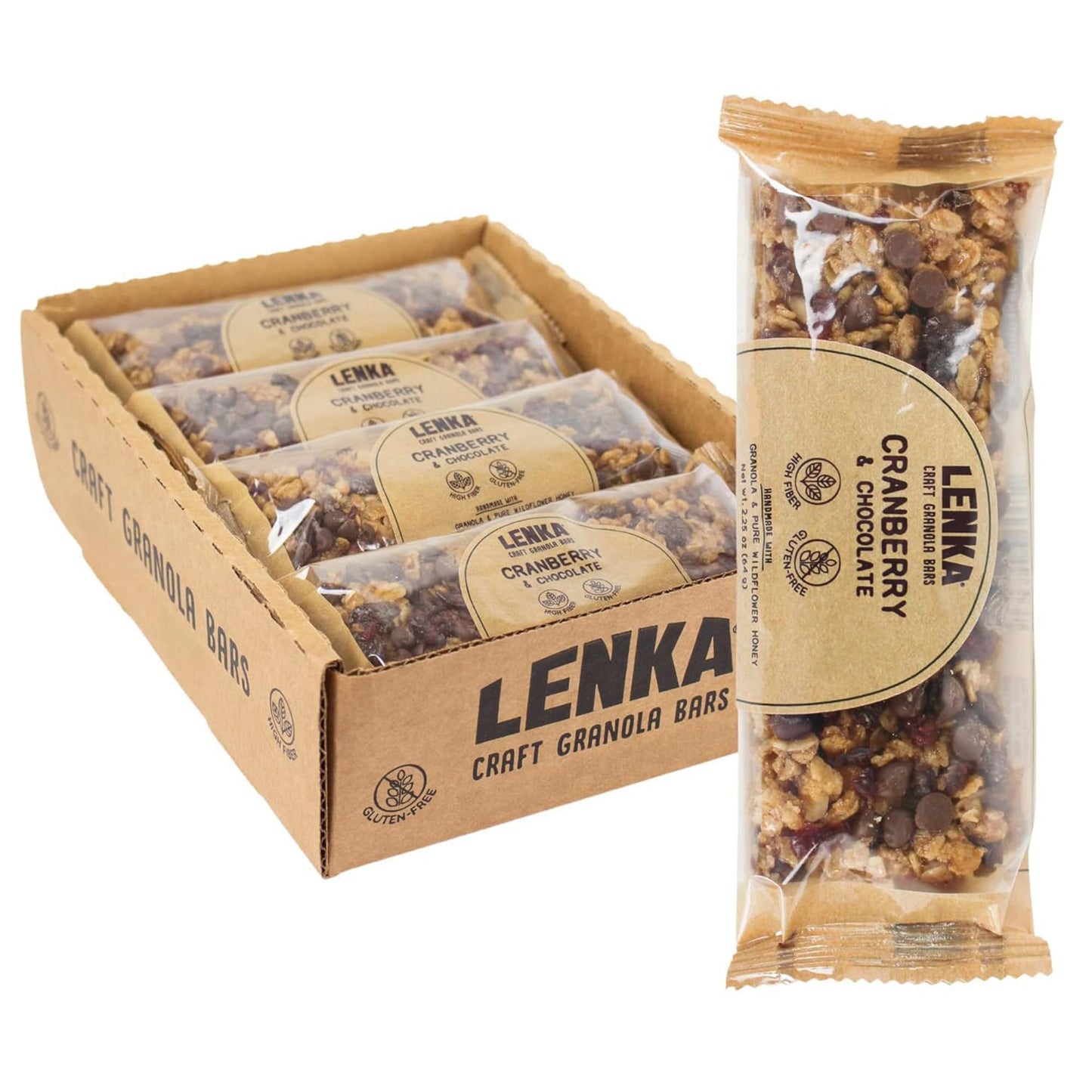Lenka Handmade Craft Granola Bars - Cranberry Chocolate Gluten Free High Fiber - Nutritious Snack Bar With Organic Granola - 12