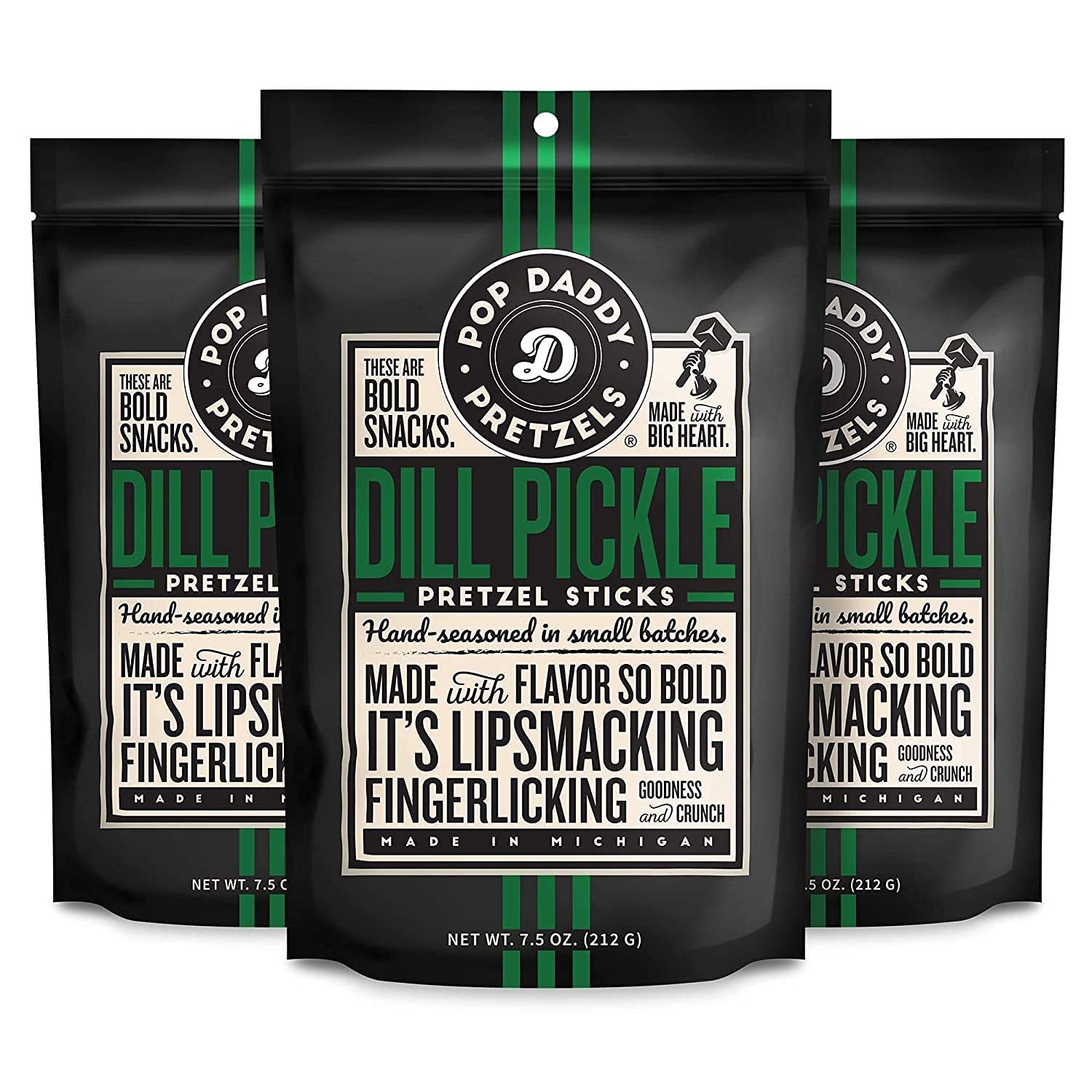 Pop Daddy Flavored Pretzels Sticks | Healthy Gourmet Pretzels Snacks | 7.5Oz Individual Bags | 3 Pack | Dill Pickle