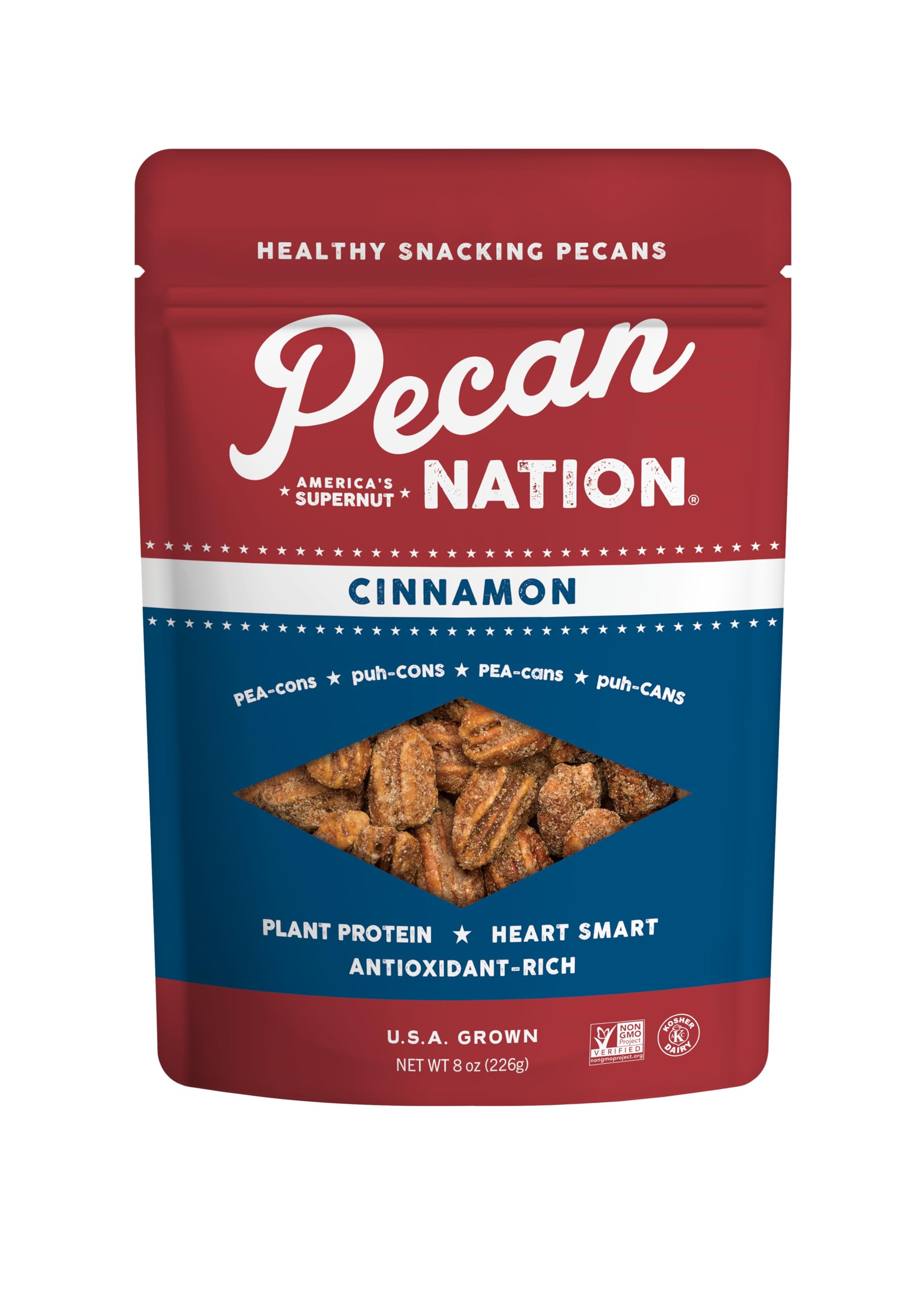 Pecan Nation Cinnamon Flavored Roasted Pecan Halves, 8 oz, Non-GMO, Natural, Antioxidant-Rich, Healthy Snack, Brown