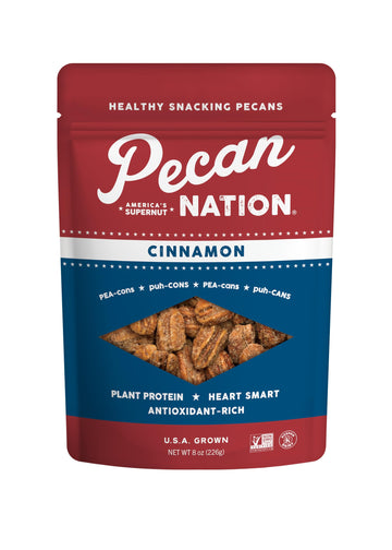 Pecan Nation Cinnamon Flavored Roasted Pecan Halves, 8 oz, Non-GMO, Natural, Antioxidant-Rich, Healthy Snack, Brown