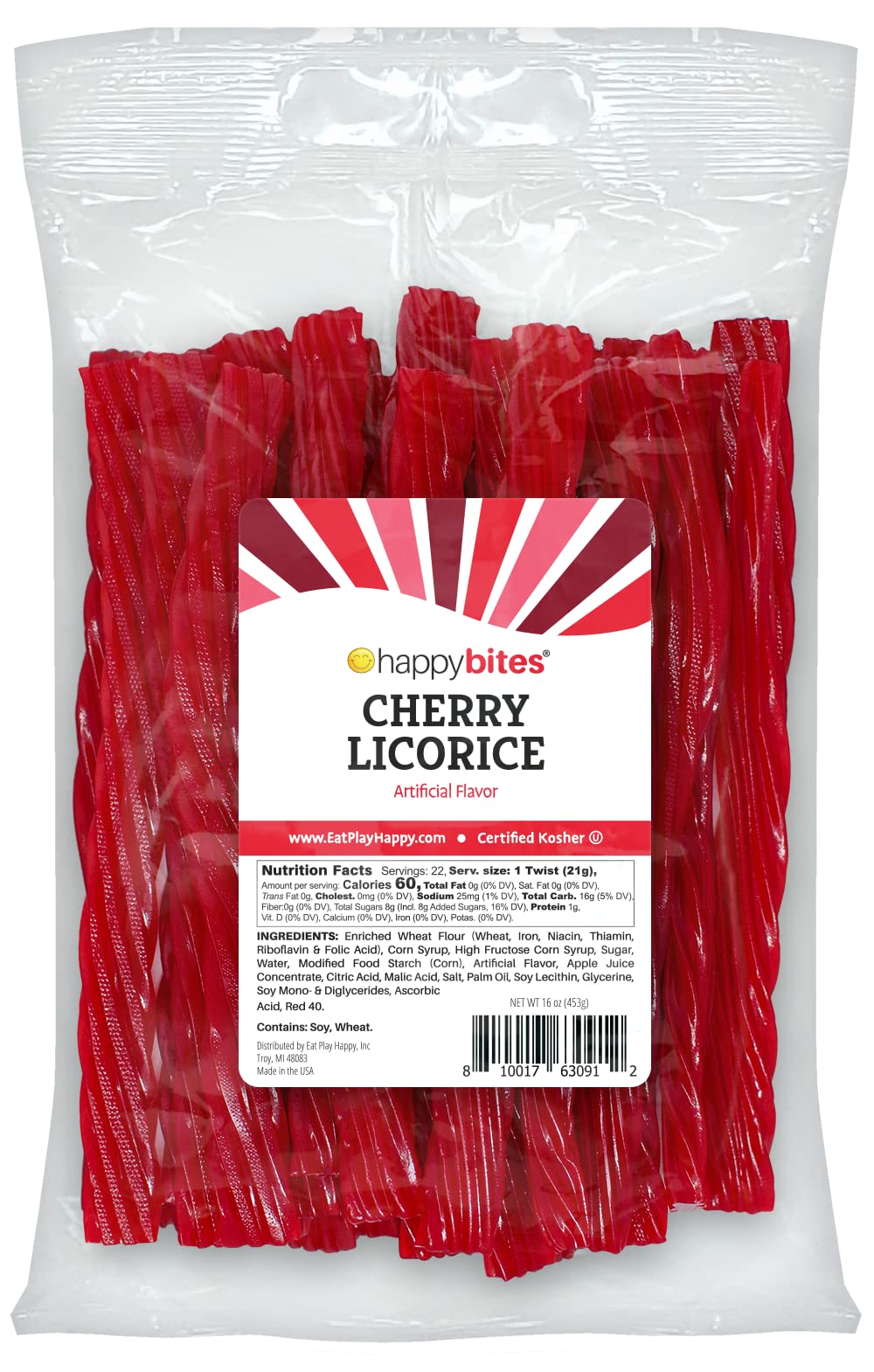 Sweet Roots Cherry Licorice Twists - 1 Bag (16 oz) - Jumbo Size Licorice Sticks | Made with Real Fruit Juice Concentrate | Vegan