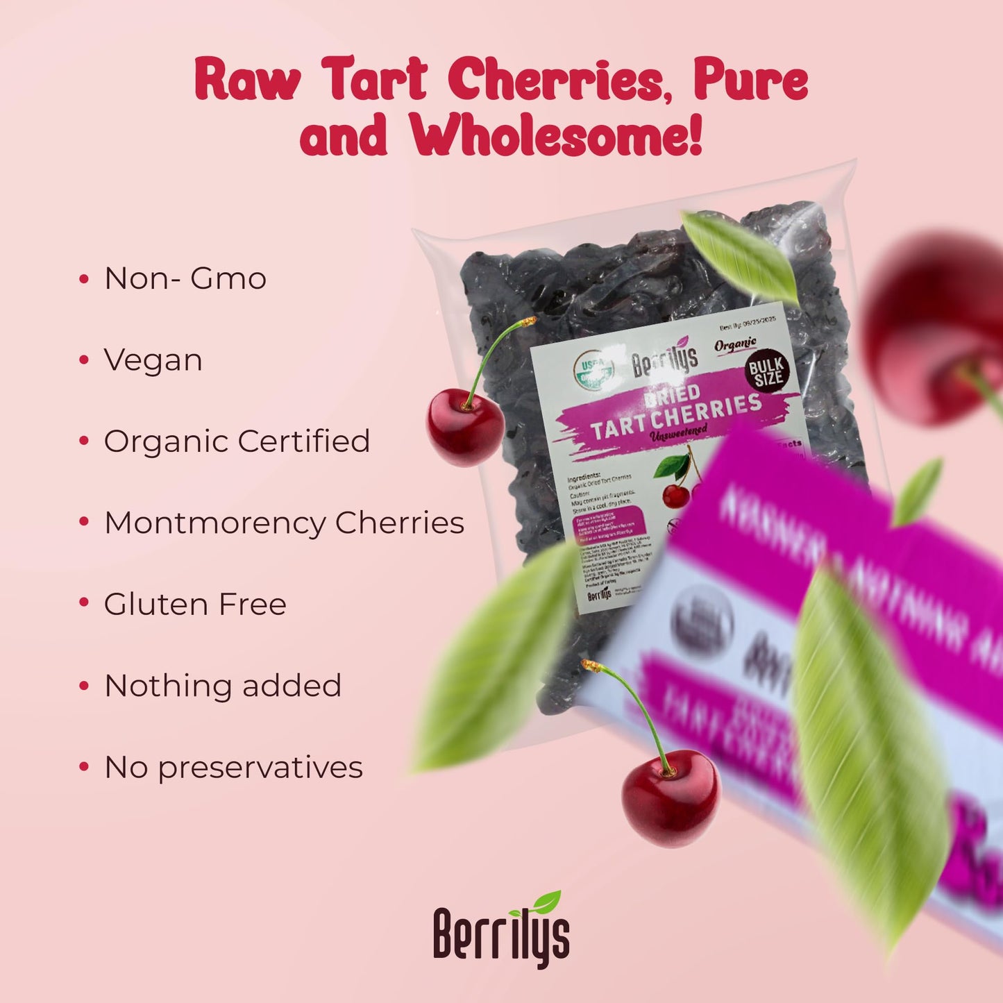 Berrilys Natural Dried Tart Cherries, 5 lb, No Sweet Added, Non-GMO, Plant-based, Ideal and Great for Baking, Snacking, Salads &