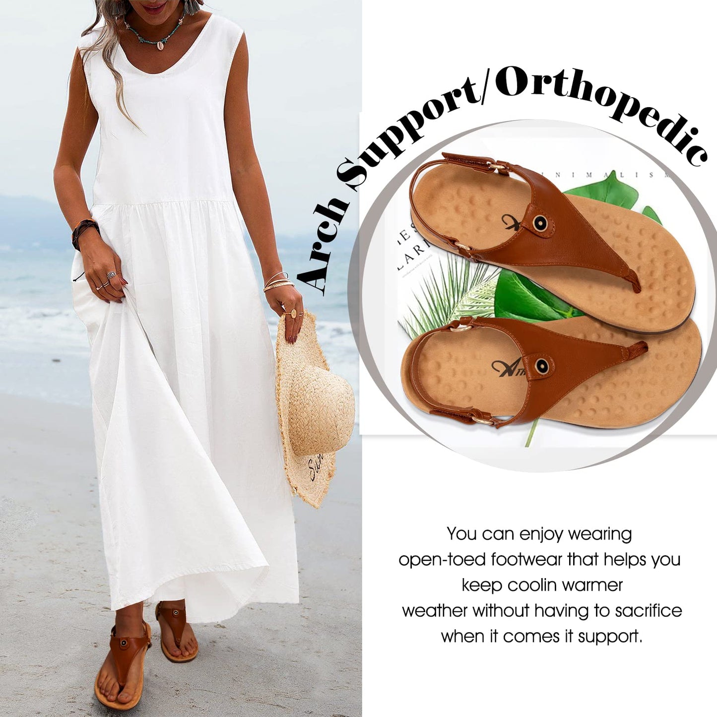 Athlefit Women'S Comfortable Orthopedic Sandals Thong Dressy T-Strap Orthotic Casual Summer Arch Support Brown Sandals Size 8