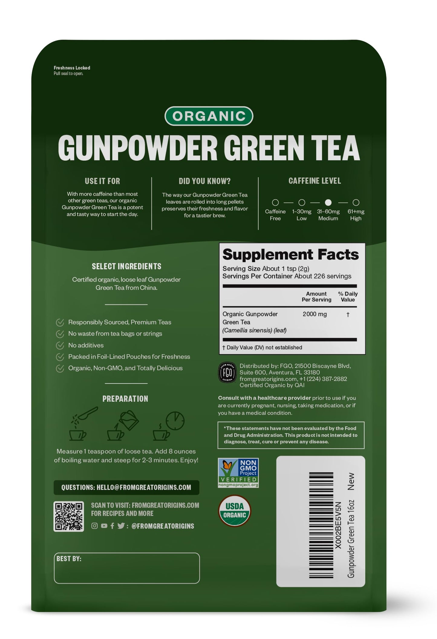 FGO Organic Gunpowder Green Tea  Loose Leaf  16oz Bulk Resealable Bag  Packaging May Vary (Pack of 1)