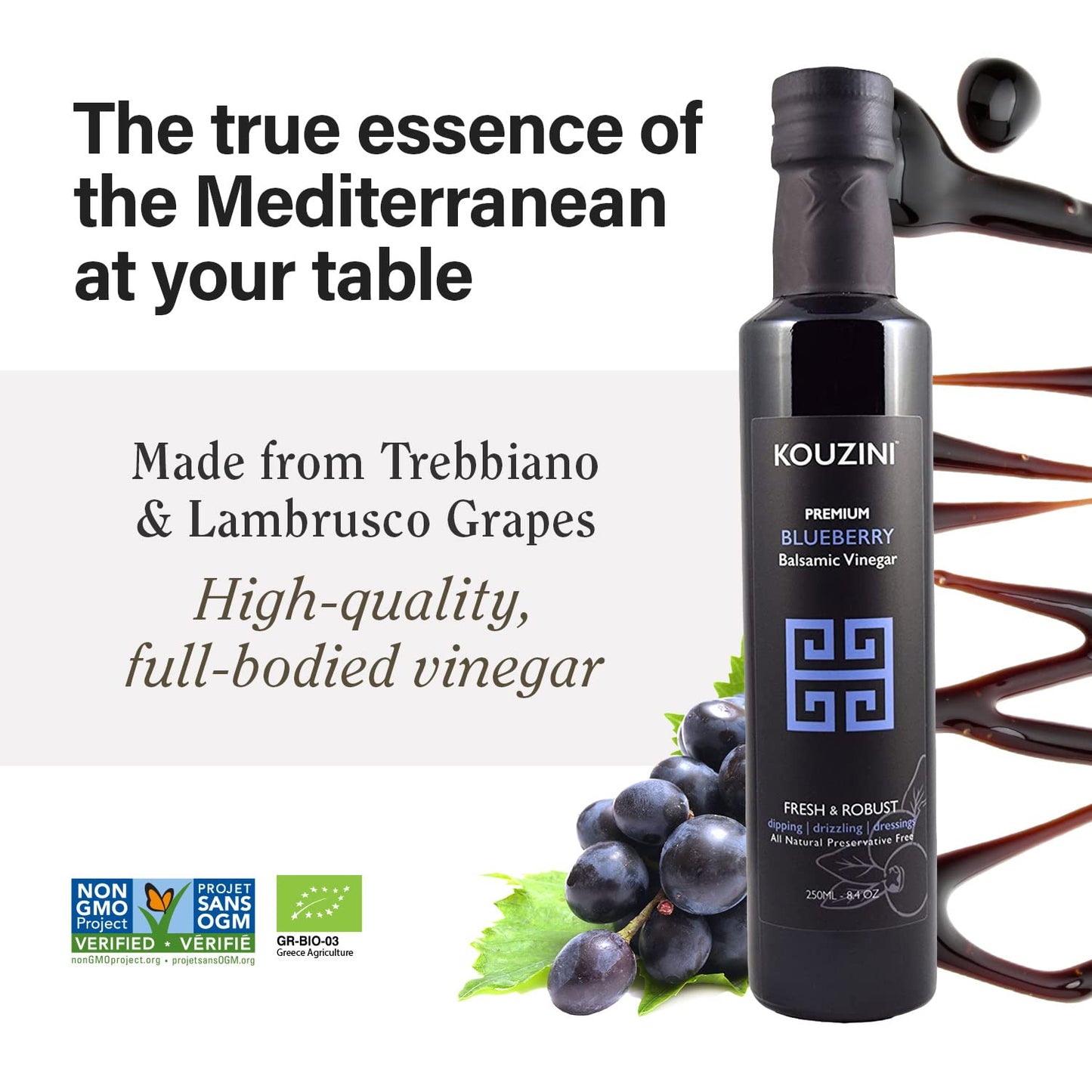 Kouzini Ultra Premium Blueberry Balsamic Vinegar, Aged Balsamic Vinegars from Modena, Italy, Premium, Smooth & Full-Bodied Flavo