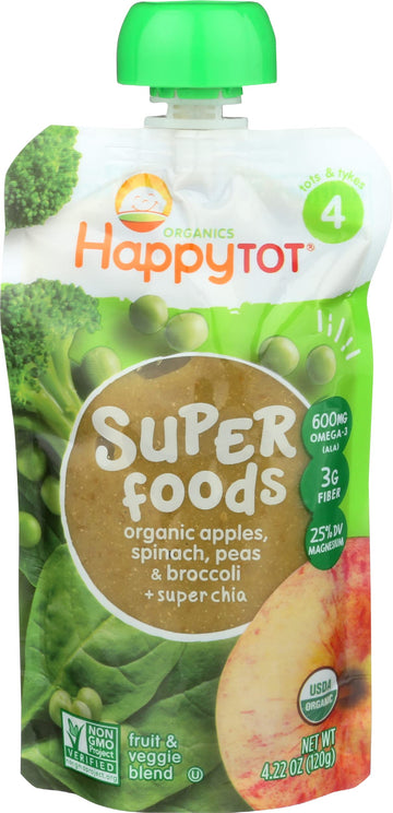 Happy Tot Superfoods Stage 4 Organic Toddler Food Apples Spinach Peas & Broccoli And Super Chia, 4.22 Ounce Pouch Toddler Snack 