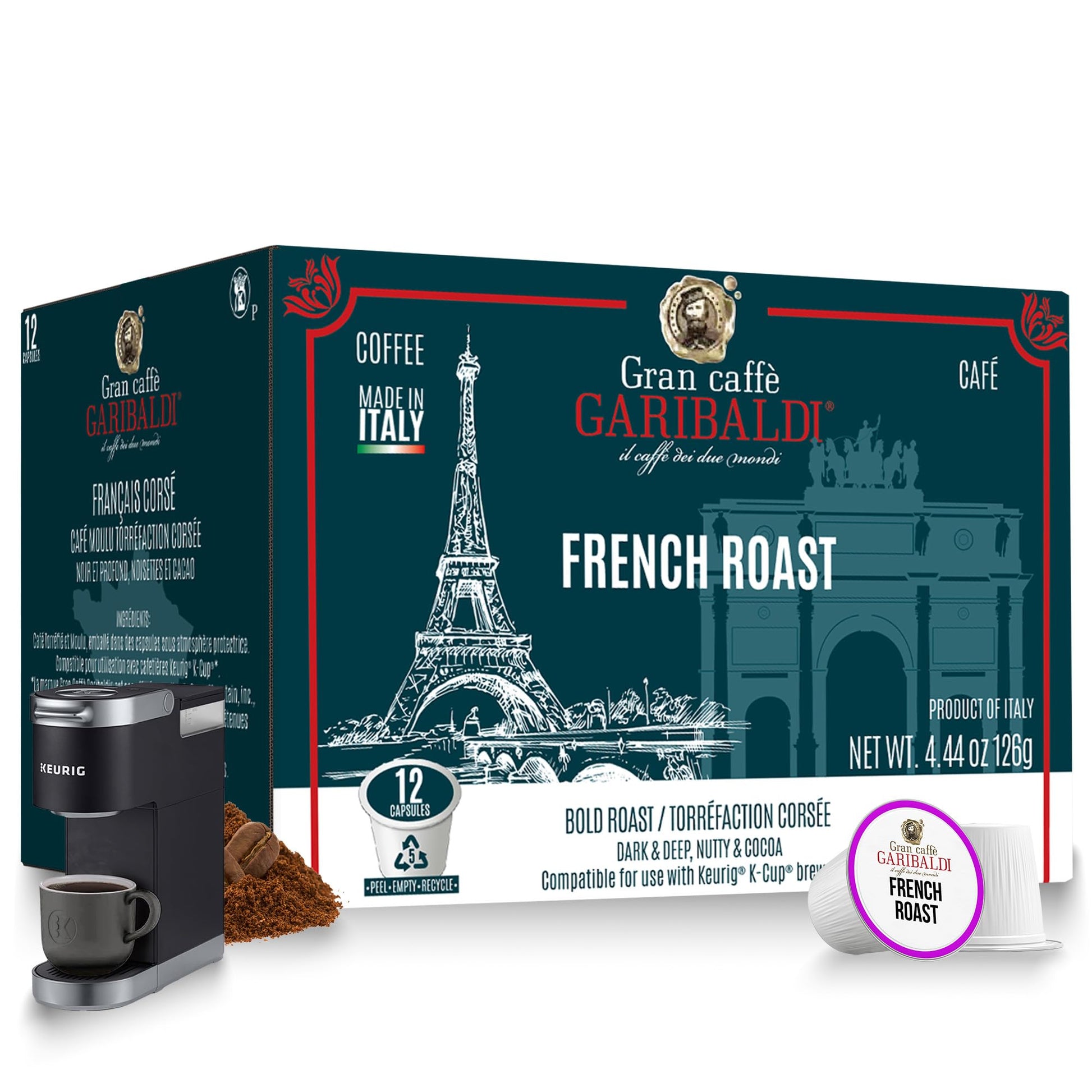 Caffè Garibaldi French Roast Coffee Pods, Single-Serve Capsules For Keurig K-Cup Malt-Inspired, Single Serve Cups, 100% Arabica Blend For Coffee Makers, 12 Count Recyclable Pods - Dark Roast