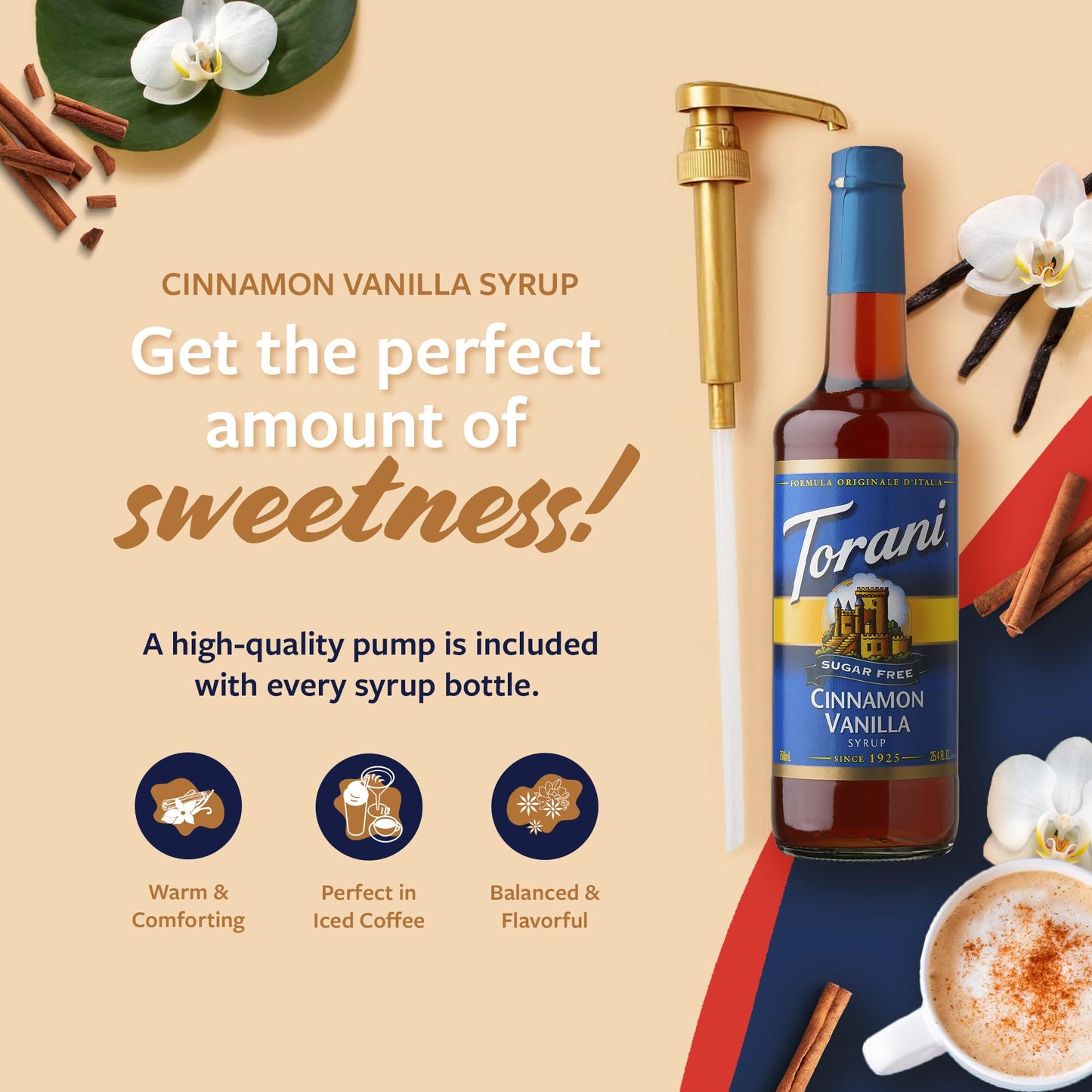 Torani Sugar Free Coffee Syrup, Cinnamon Vanilla, 25.4 Fl Oz, Zero Calorie, Glass Bottle with Pump