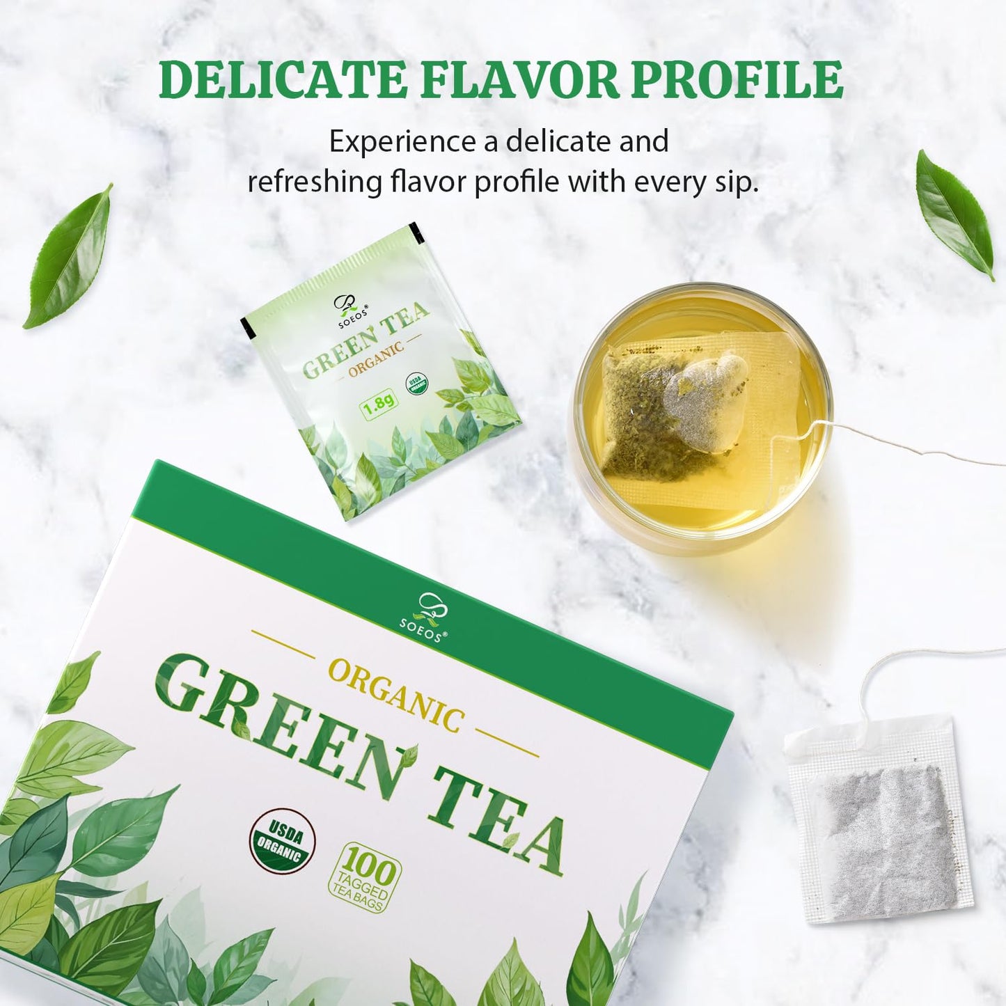 Soeos Organic Green Tea, Caffeinated, 100 Tea Bags, 6.3 Ounce, Fresh and Healthy