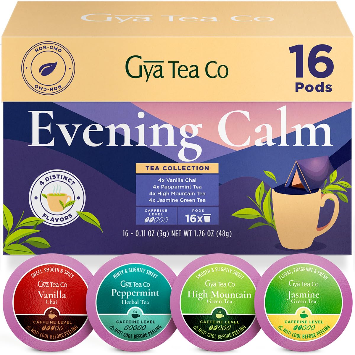 Gya Tea Co Evening Calm Tea Gift Set - Assorted Tea Pods, 16 Count, Vanilla Chai, Peppermint, Jasmine Green, High Mountain