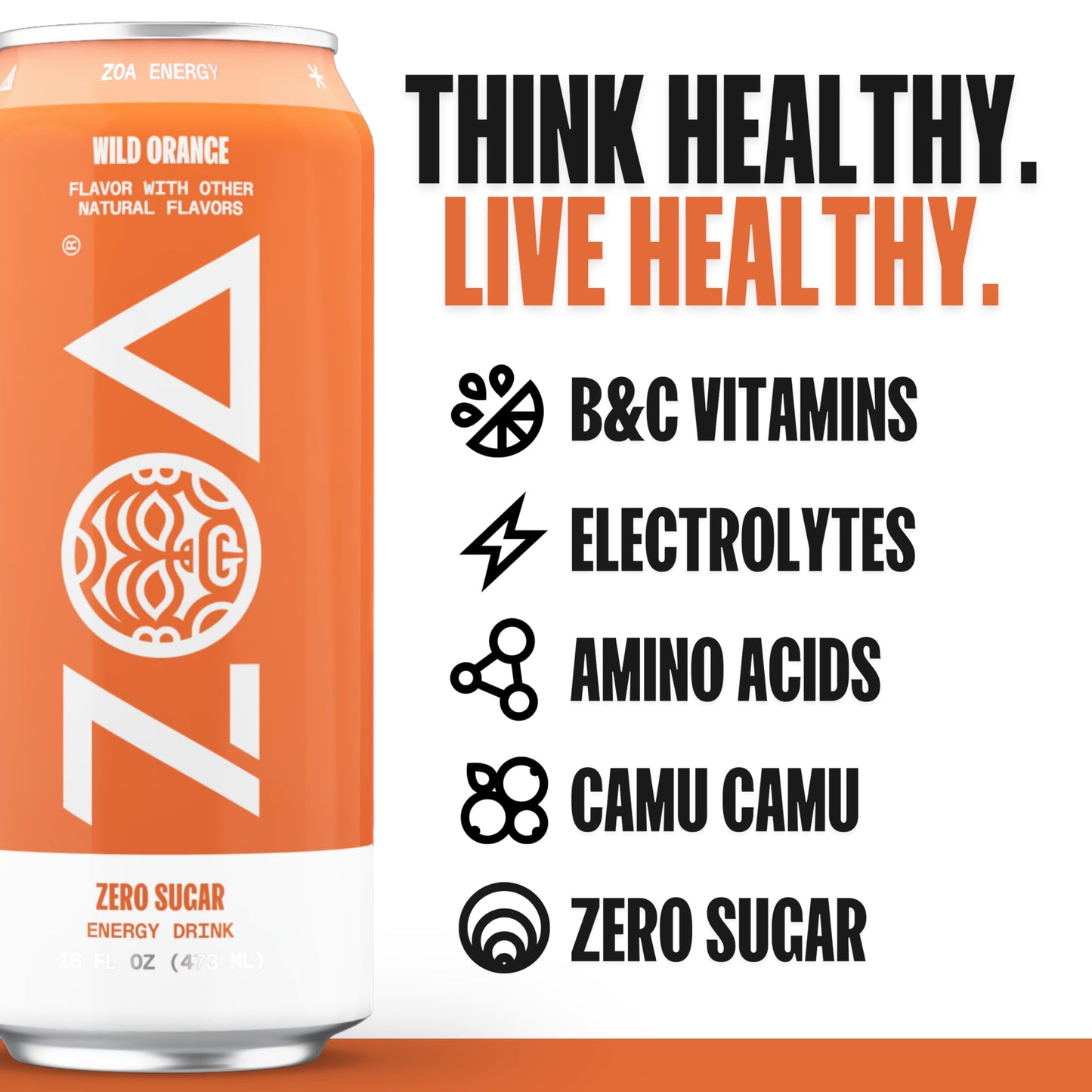 ZOA Zero Sugar Energy Drinks, Wild Orange, Sugar Free, Electrolytes, 16 Fl Oz (12-Pack)