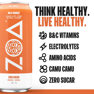 ZOA Zero Sugar Energy Drinks, Wild Orange, Sugar Free, Electrolytes, 16 Fl Oz (12-Pack)
