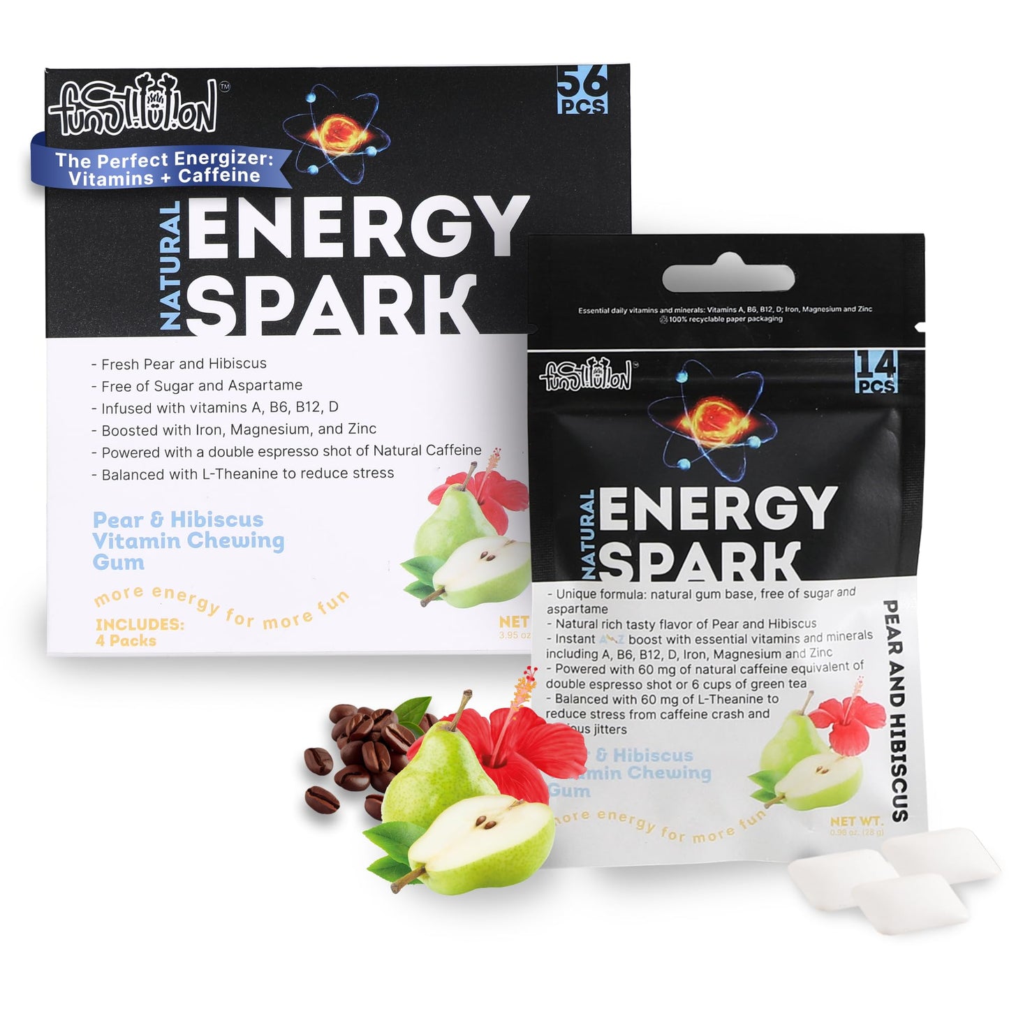 FUNSTITUTION Natural Multivitamin Caffeine Gum | Focus & Energy | 60 mg | 56 pcs | Black with Pink/Purple Hints