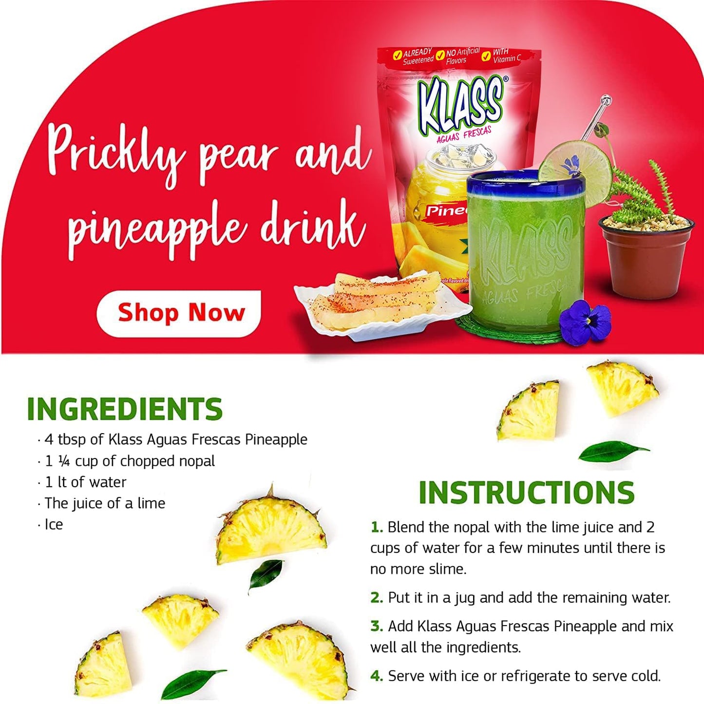 Drink Mix Variety Pack Of Aguas Frescas | Klass Watermelon, Cantaloupe, Mango & Pineapple Drink Flavors | From Natural Sources,