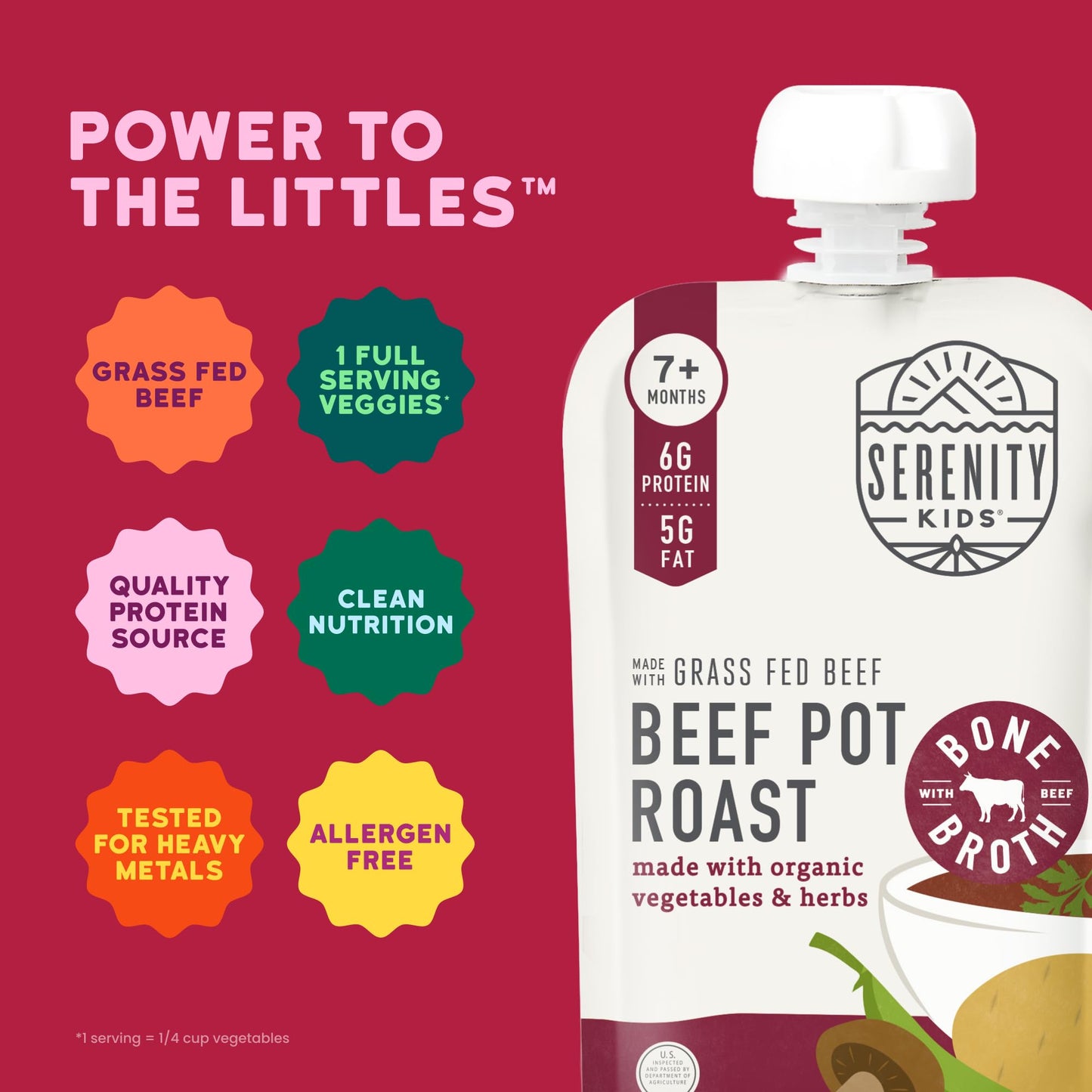 Serenity Kids 7+ Months Beef Pot Roast Bone Broth Puree Baby Food Pouches - Bpa-Free Toddler Pouch W/Grass Fed Beef & Organic Veggies - Clean Label Project Purity Award Certified - 3.5 Oz, 12 Pack
