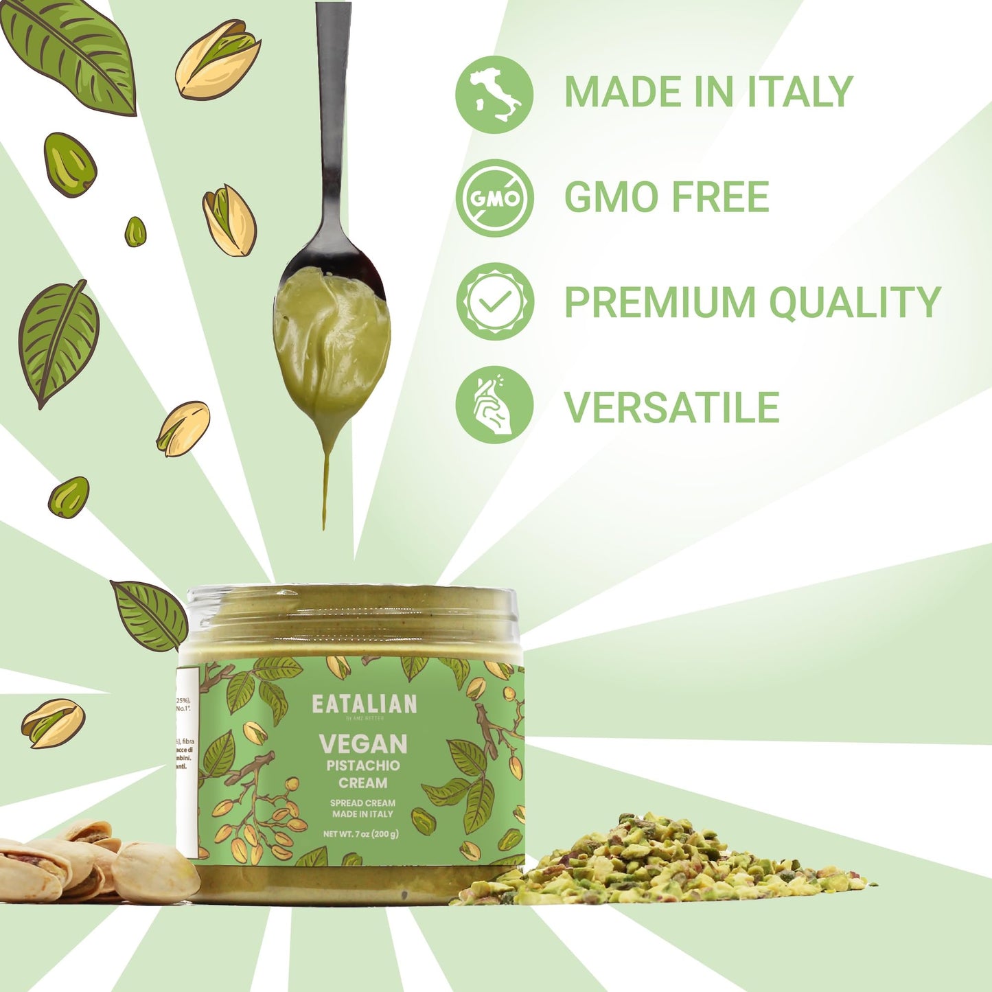 EATALIAN by AMZ BETTER Vegan Pistachio Cream, 7 oz/200 gr, Delicious vegan spread with a uniquely sweet taste, ideal on bread, p