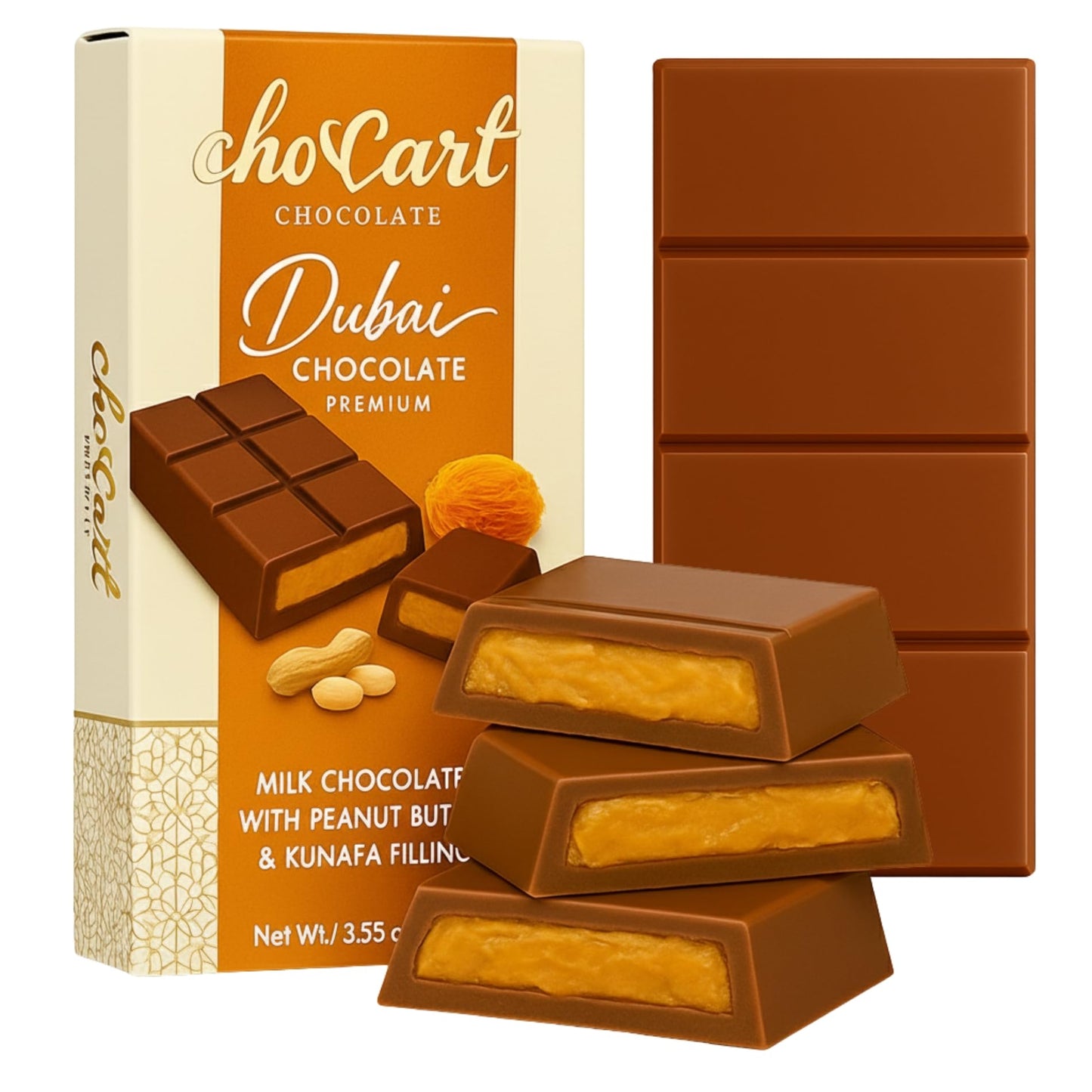 Choccart Dubai Chocolate - Top-Grade Middle Eastern Gourmet Chocolate | Authentic Dessert Imported From Uae (95G / 3.35 Oz) | Knafeh With Peanut Butter