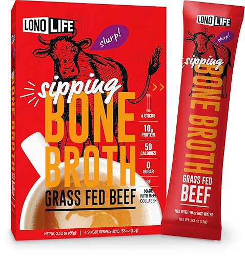 LonoLife Beef Bone Broth Powder | Grass-Fed, 10g Protein, Collagen-Rich, Keto & Paleo Friendly | 2.12 oz, 4 Stick Packs
