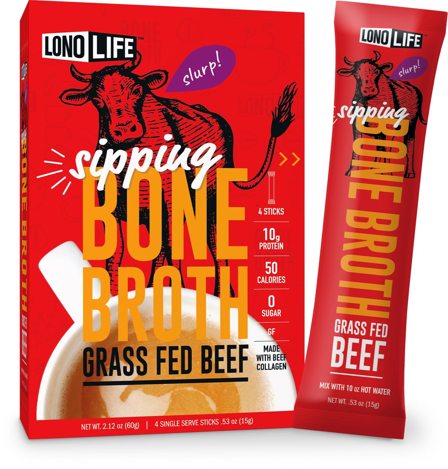 LonoLife Beef Bone Broth Powder | Grass-Fed, 10g Protein, Collagen-Rich, Keto & Paleo Friendly | 2.12 oz, 4 Stick Packs