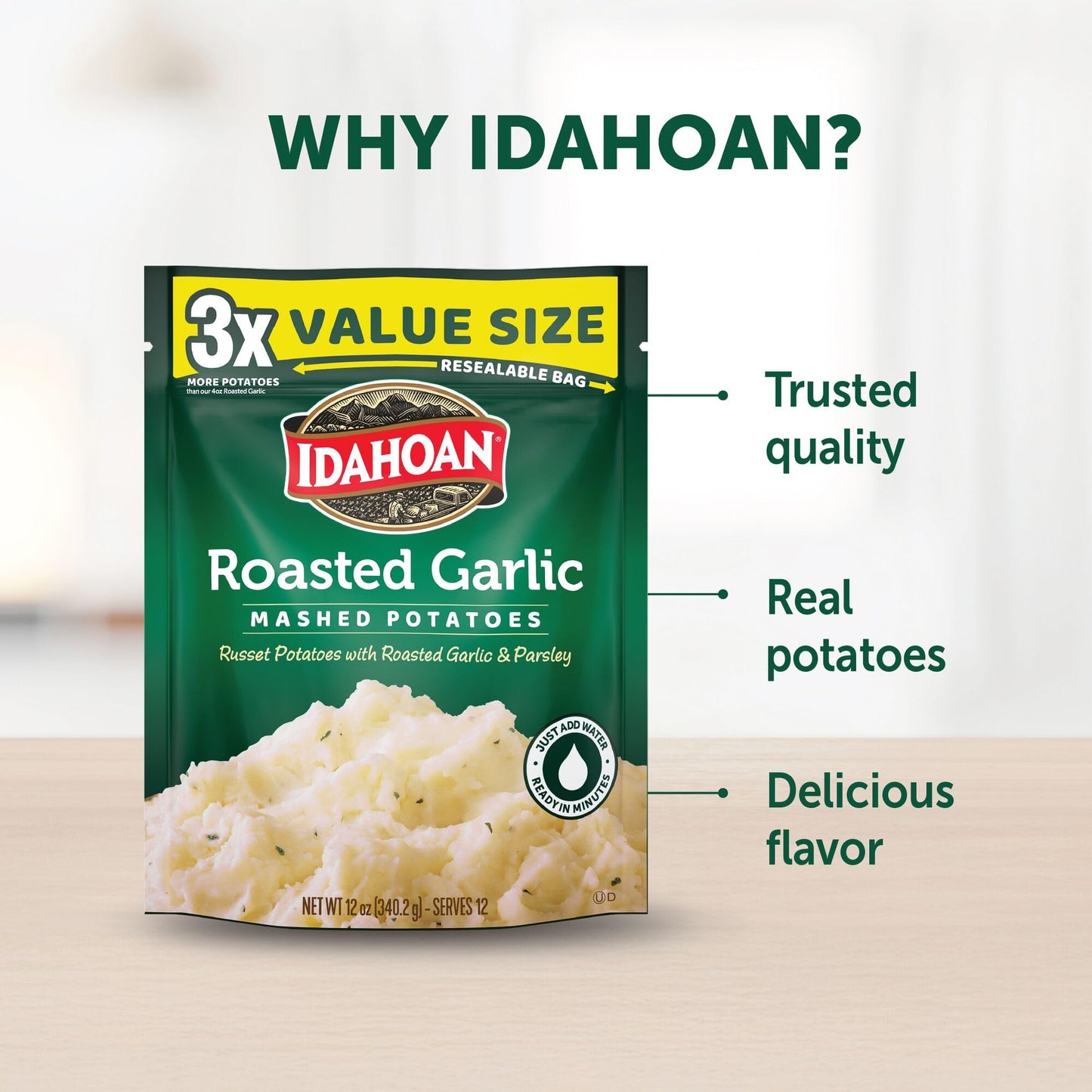 Idahoan Roasted Garlic Value Size Mashed Potatoes, Naturally Gluten-Free, 100% Real Idaho potatoes, No Artificial Flavors or Dye