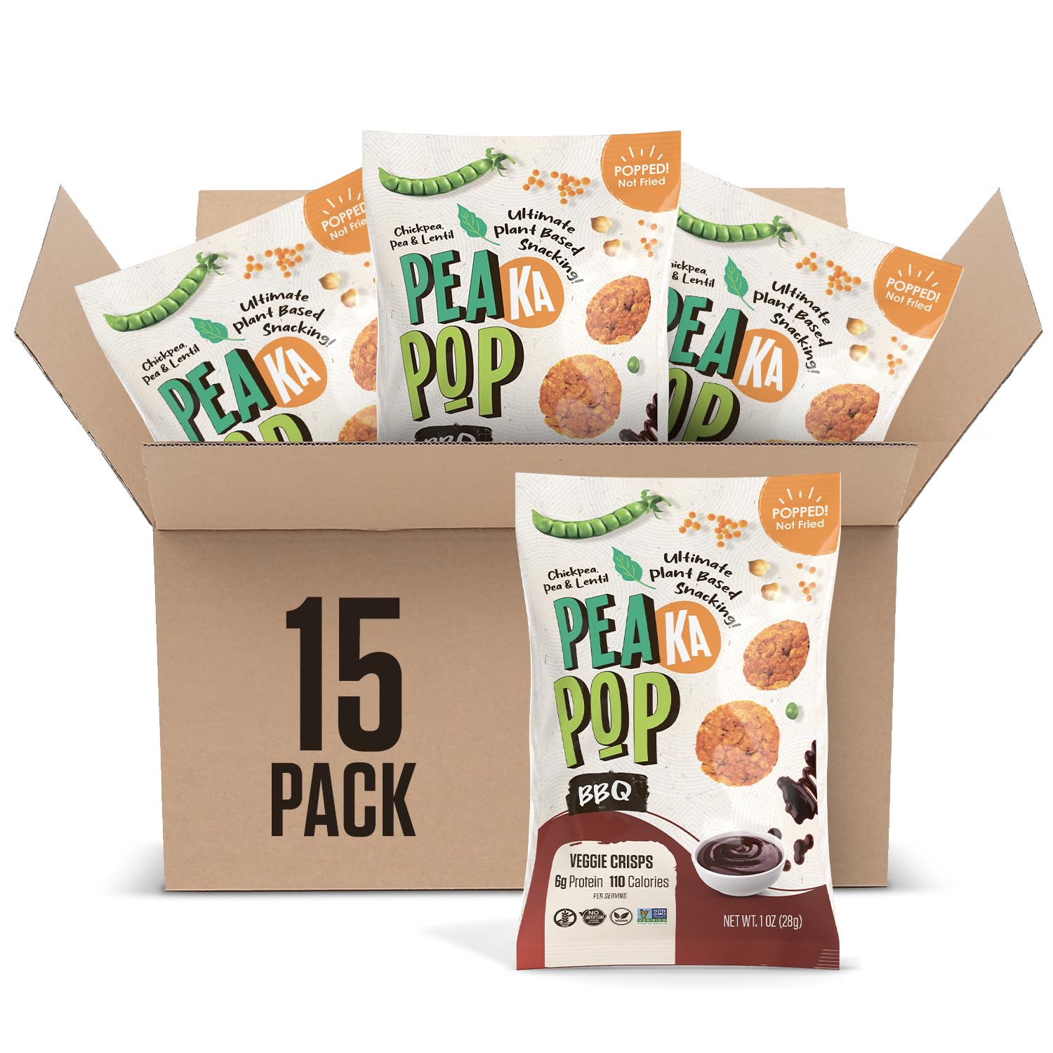 PEAKAPOP Veggie Chips – Plant-Based BBQ Crisps with Pea Protein – 1 oz Bags (15-Pack) – Vegan, Gluten-Free