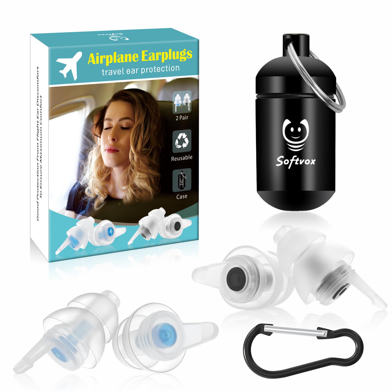 Softvox Airplane Ear Plugs Pressure Relief Earplugs [2 Pairs], Airplane Travel Essentials 100X Reusable Super Soft Plane Ear Plu