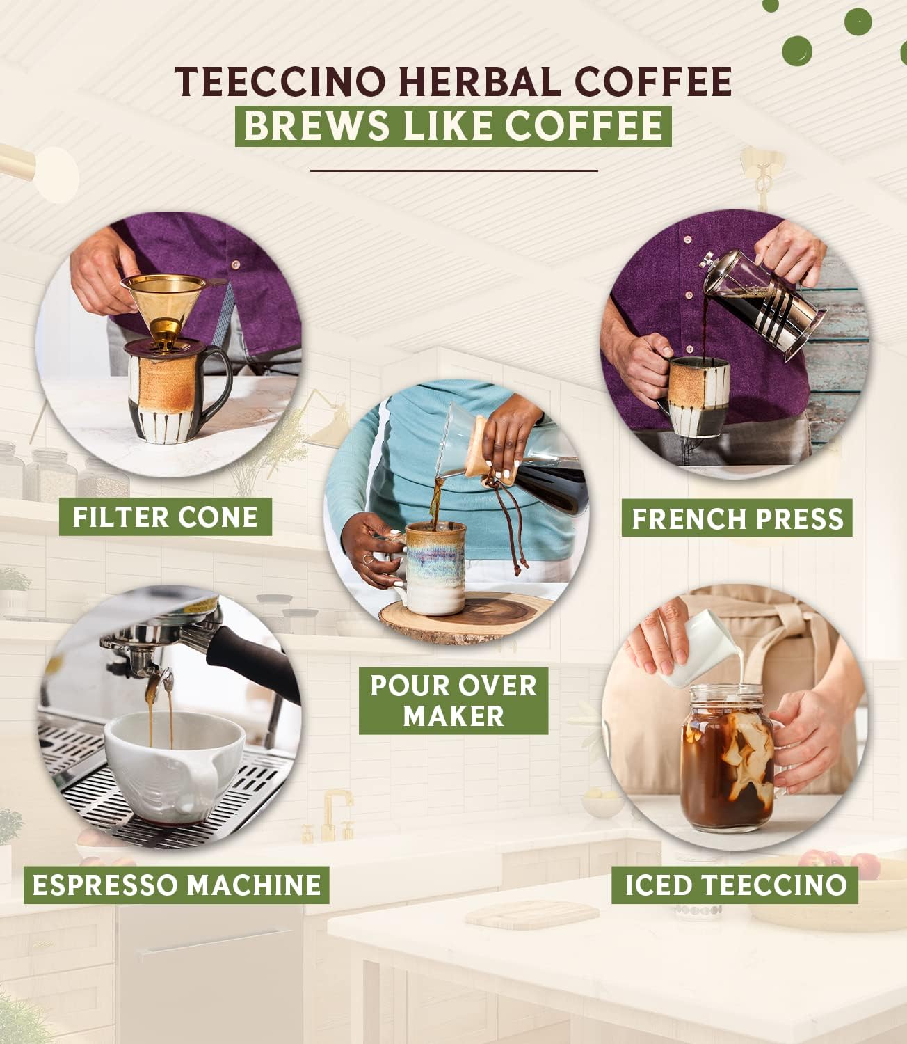 Teeccino French Roast Herbal Coffee Alternative, Caffeine-Free, Prebiotic, Dark Roast, 11 Ounce, Pack of 3