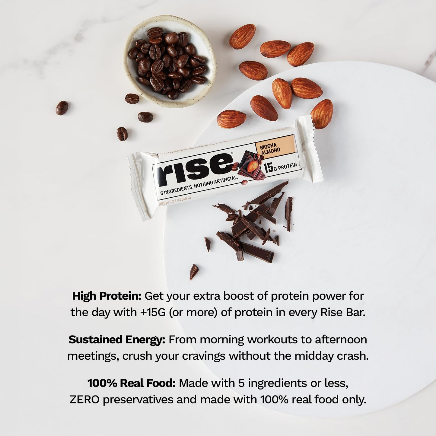 Rise Whey Protein Bars - Mocha Almond, 15g Protein, 4g Fiber, Gluten-Free, 12 Count, Model RBA37228, Brown