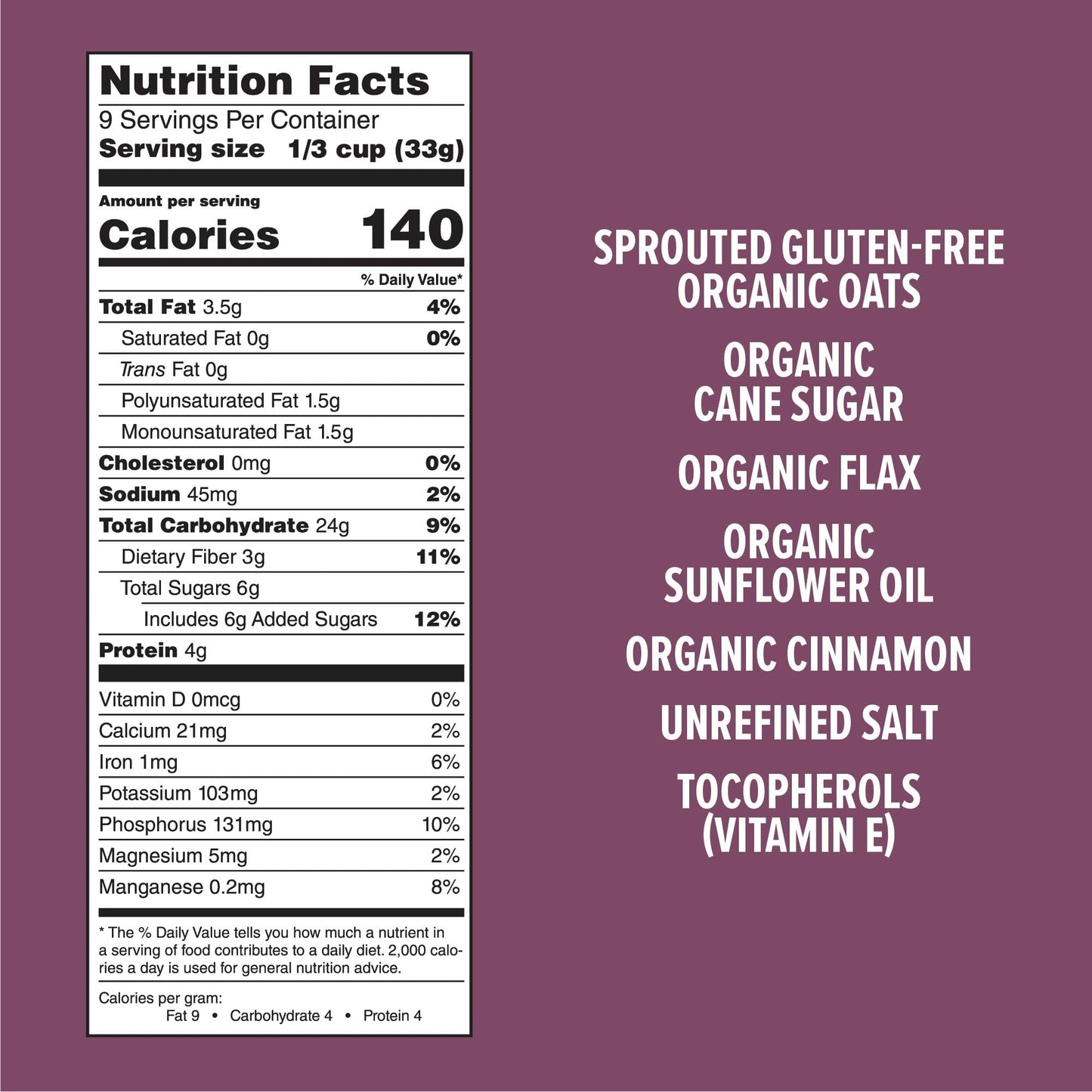 One Degree Organic Foods Sprouted Oat Cinnamon Flax Gluten Free Granola - Usda Organic, Vegan (11 Oz. - 6 Pack)