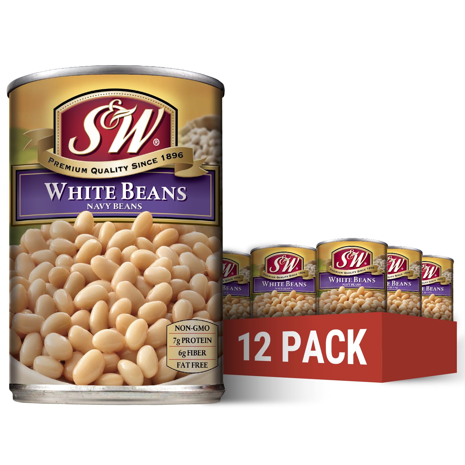 S&W Canned White Beans, Navy Beans, Plant Protein And Fiber, Gluten Free, Vegan, Fat Free, 12 Pack Of 15.5 Oz Cans