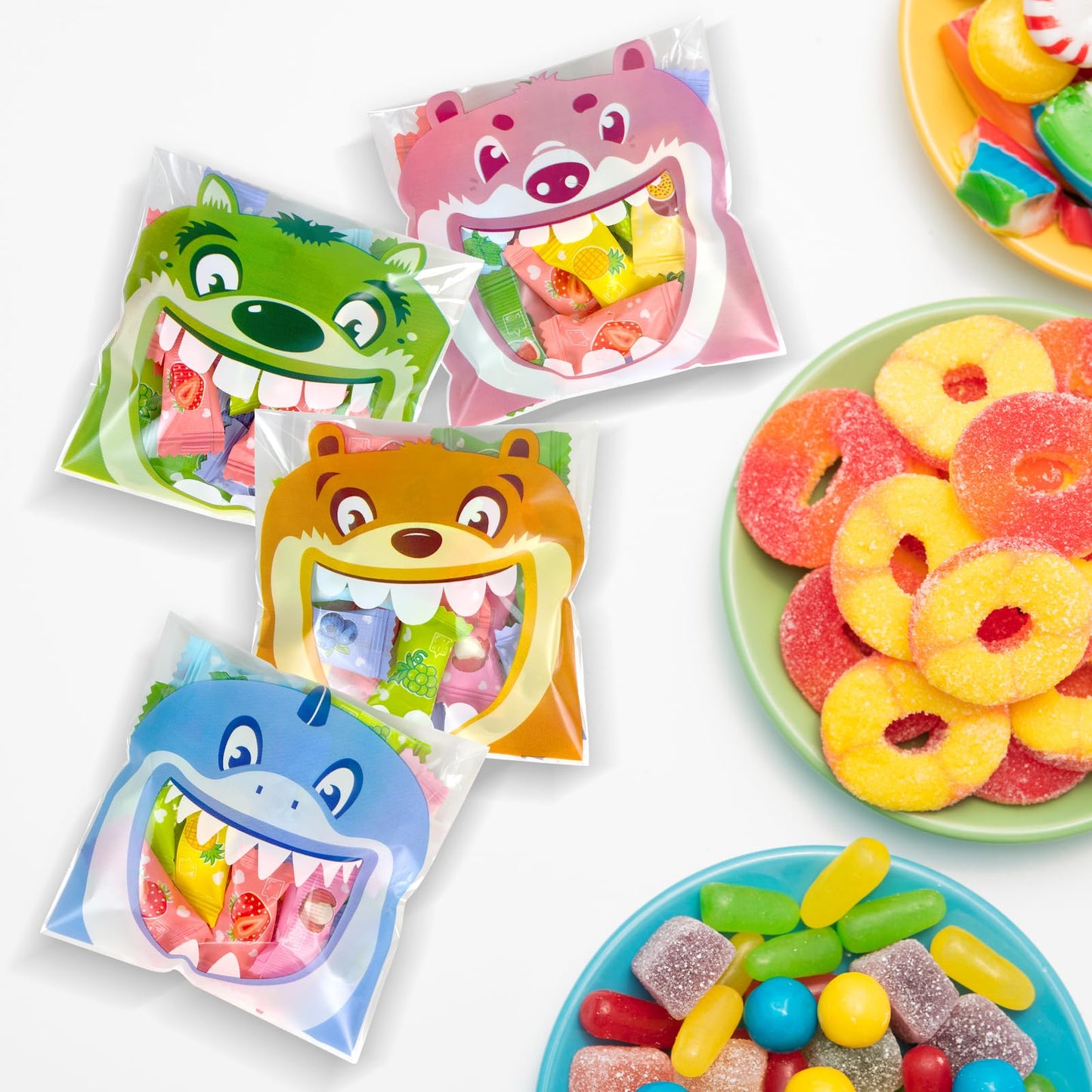 Bnsikun Self Adhesive Cookie Candy Bags, Plastic, 1 Count (Pack of 200), Mouth Monster Design