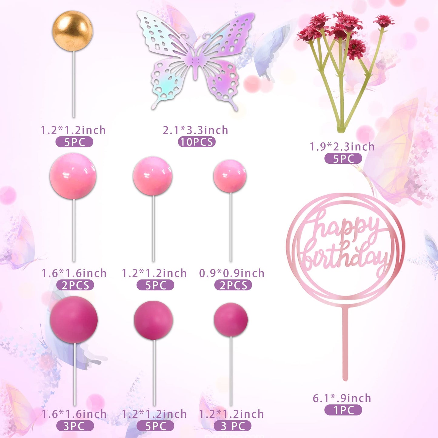 41 Pcs Balls Cake Decorations Flower Butterfly Cake Topper With Hot Pink And Gold Balls Balls Happy Birthday Cake Topper For Wed