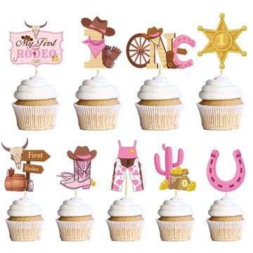Wxiben My First Rodeo Decorations Girls - 36PCS First Rodeo Birthday Decorations Girl Western Cowgirl 1st Birthday Party Cupcake