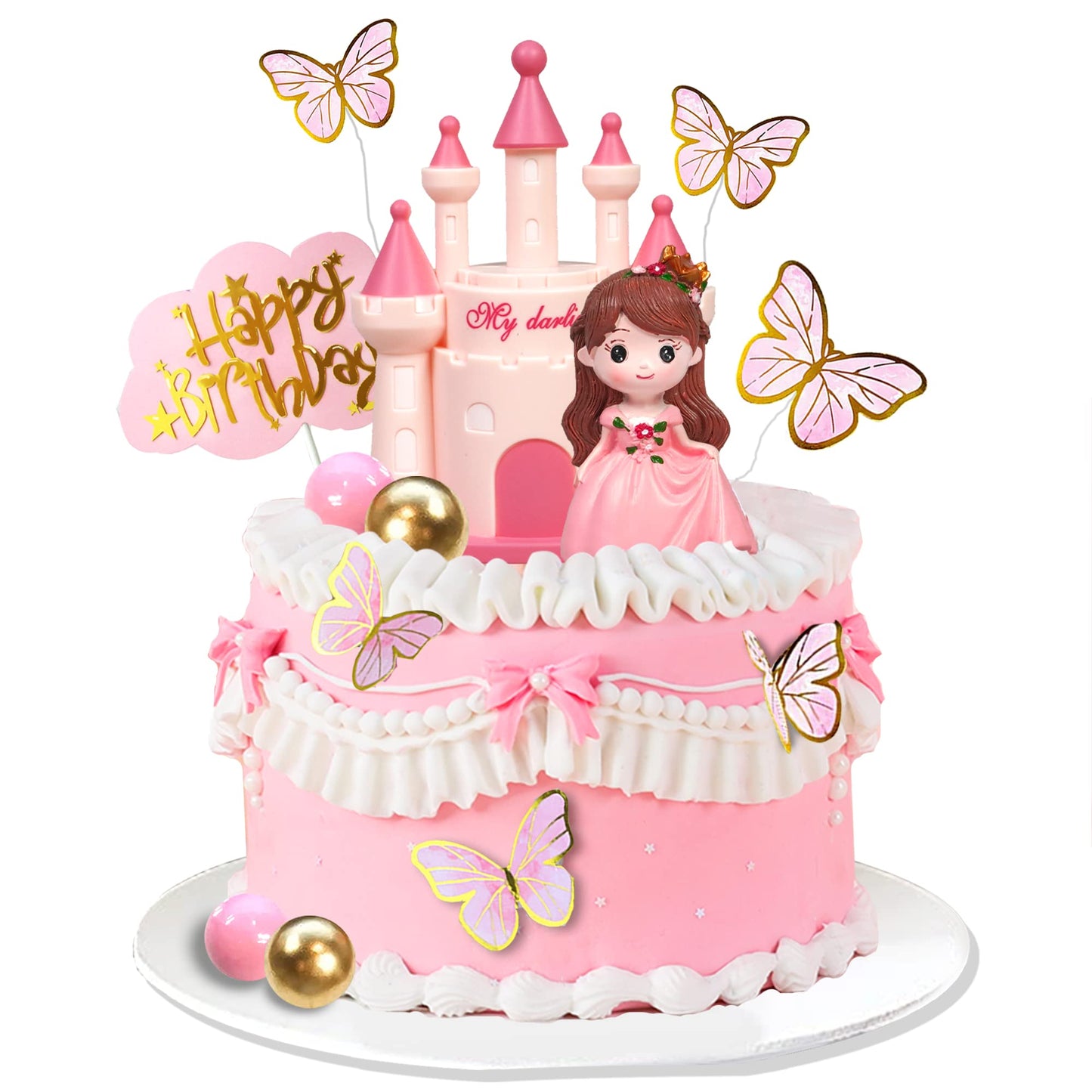 19 Pcs Princess Cake Topper Castle Cake Decoration With Butterflies And Balls For Girl Kid Happy Birthday Party Decorations Prin