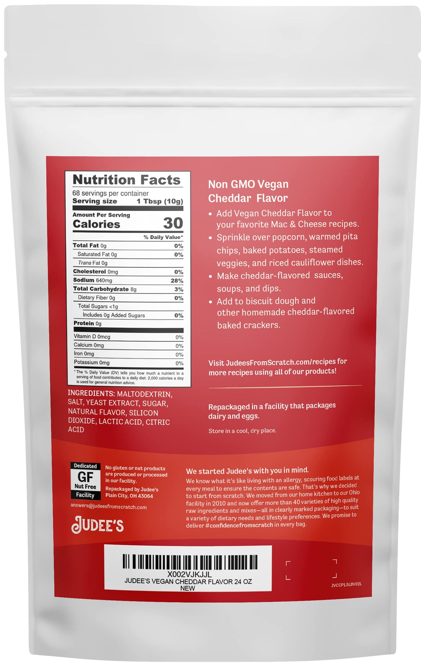 Judees Vegan Cheddar Flavor Powder 1.5Lb (24Oz) - 100% Non-Gmo, Vegan, Gluten-Free & Nut-Free - Great Dairy Cheese Powder Altern