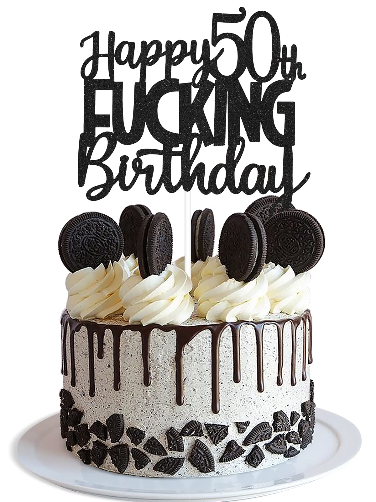 Caiwowo Happy 50th Birthday Cake Topper - Black Glitter Party Decoration