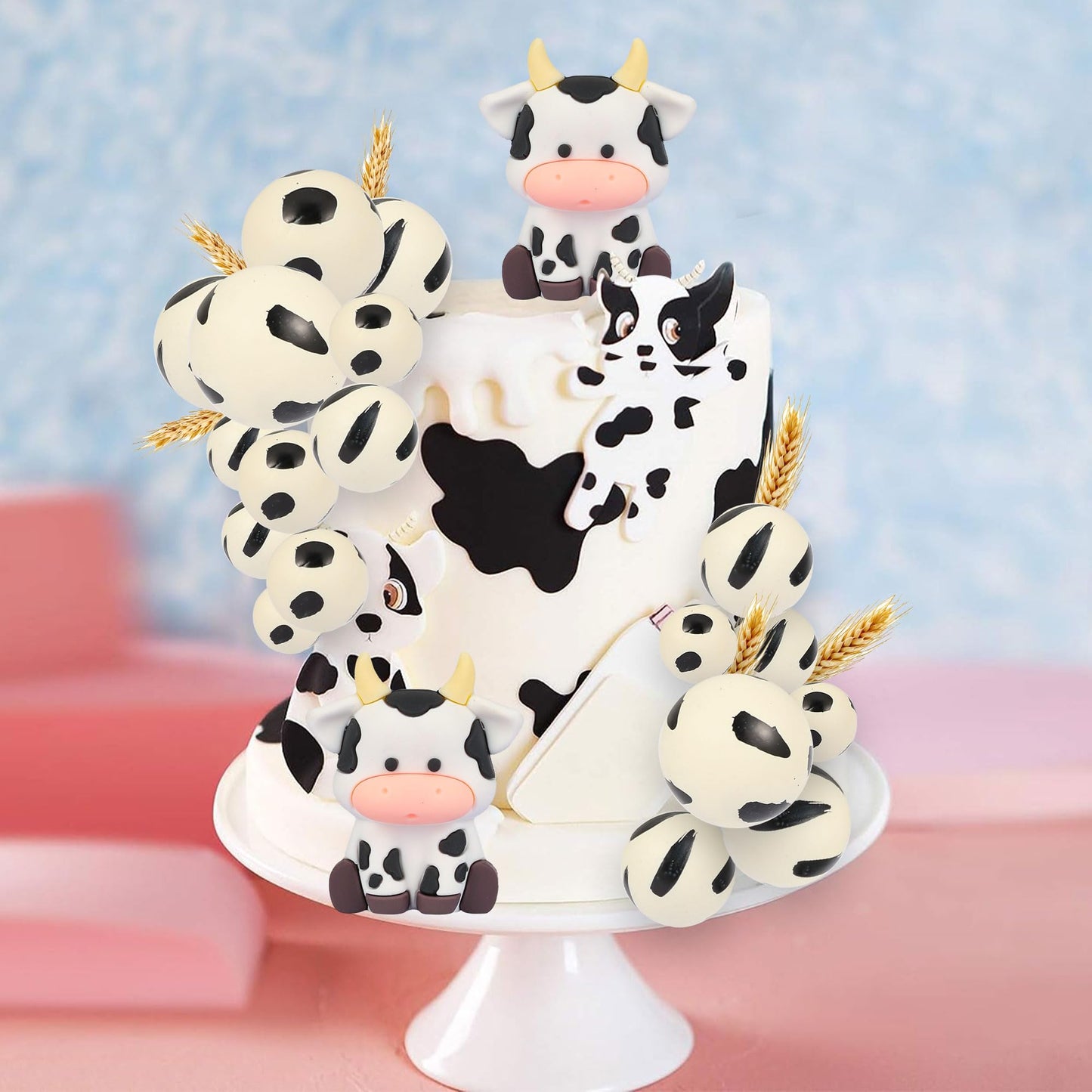 Gyufise 21Pcs Cake Topper Decorations, Cow Themed Farm Cake Topper With Foam Balls, Baby Shower, Birthday Party Supplies
