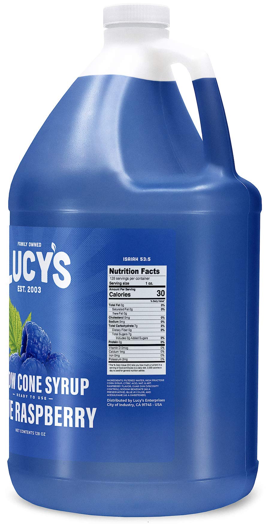 Lucys Shaved Ice Snow Cone Syrup, Blue Raspberry, 1 Gallon (128oz)