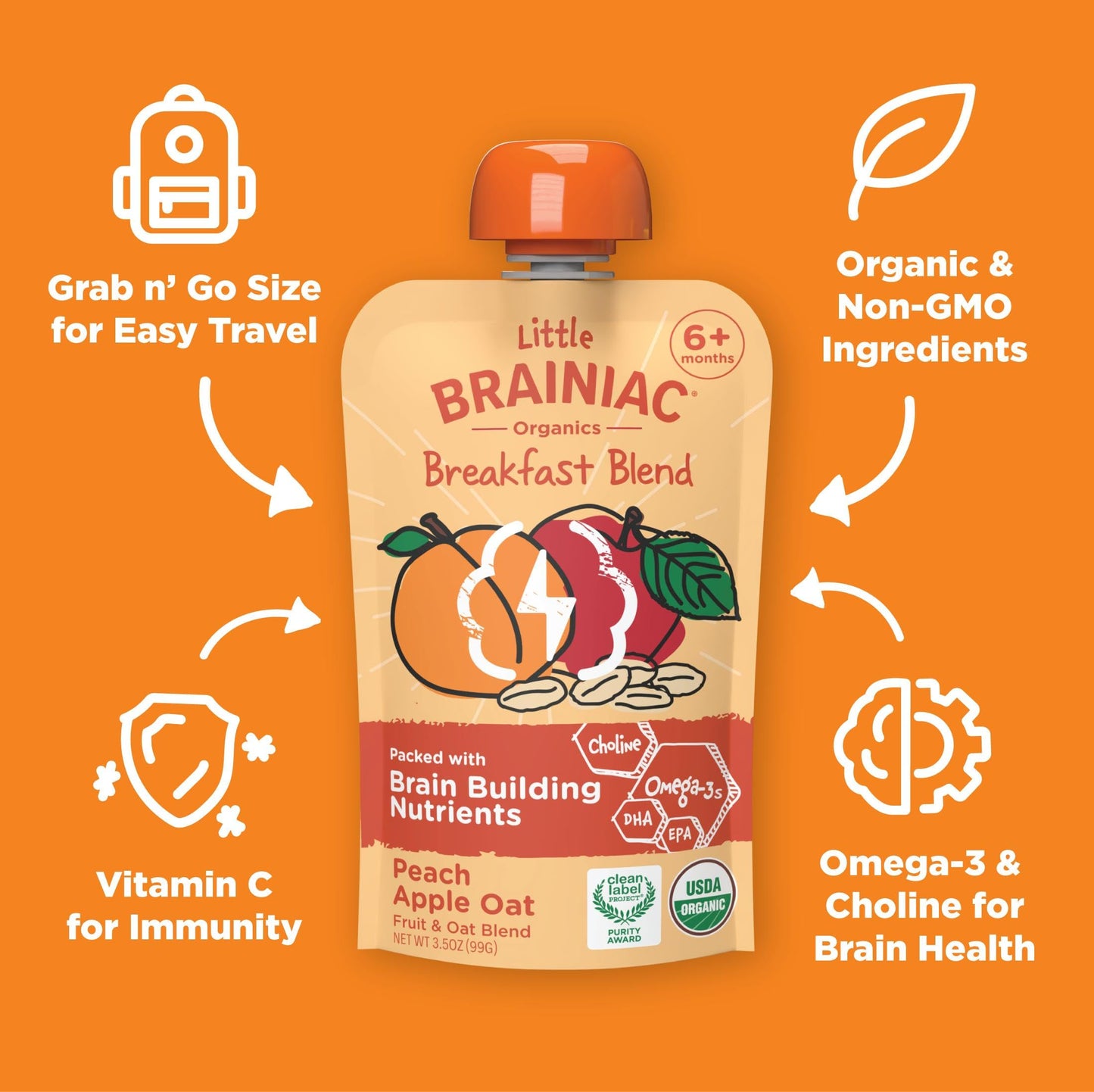 Little Brainiac Breakfast Blend Organic Fruit & Oat Toddler Pouches, Peach Apple Oat with Omega-3s DHA/EPA and Choline, Clean La