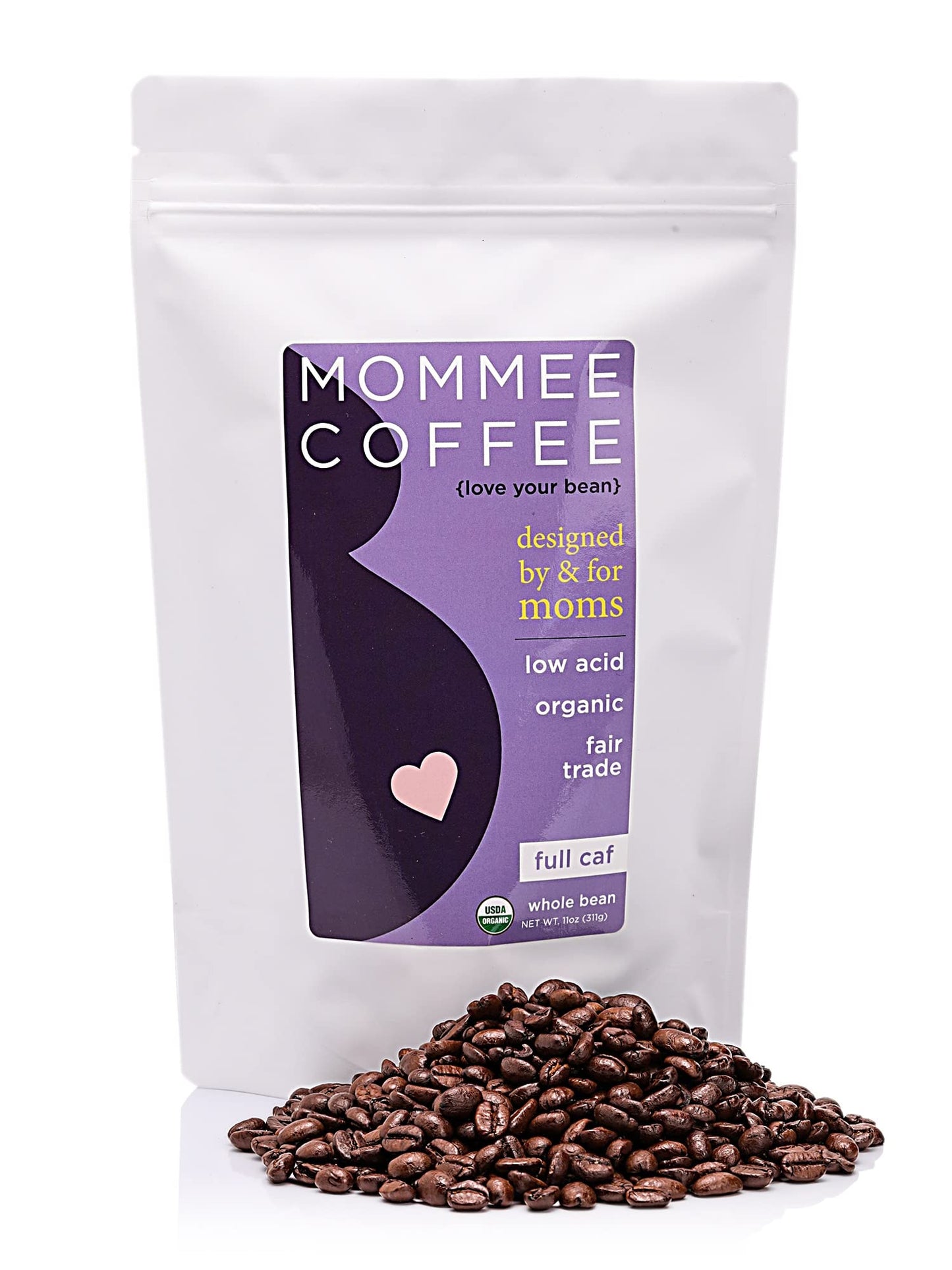 MOMMEE COFFEE Full Caf Low Acid Organic Coffee Beans - 100% Arabica Medium Roast - 11 oz - Purple