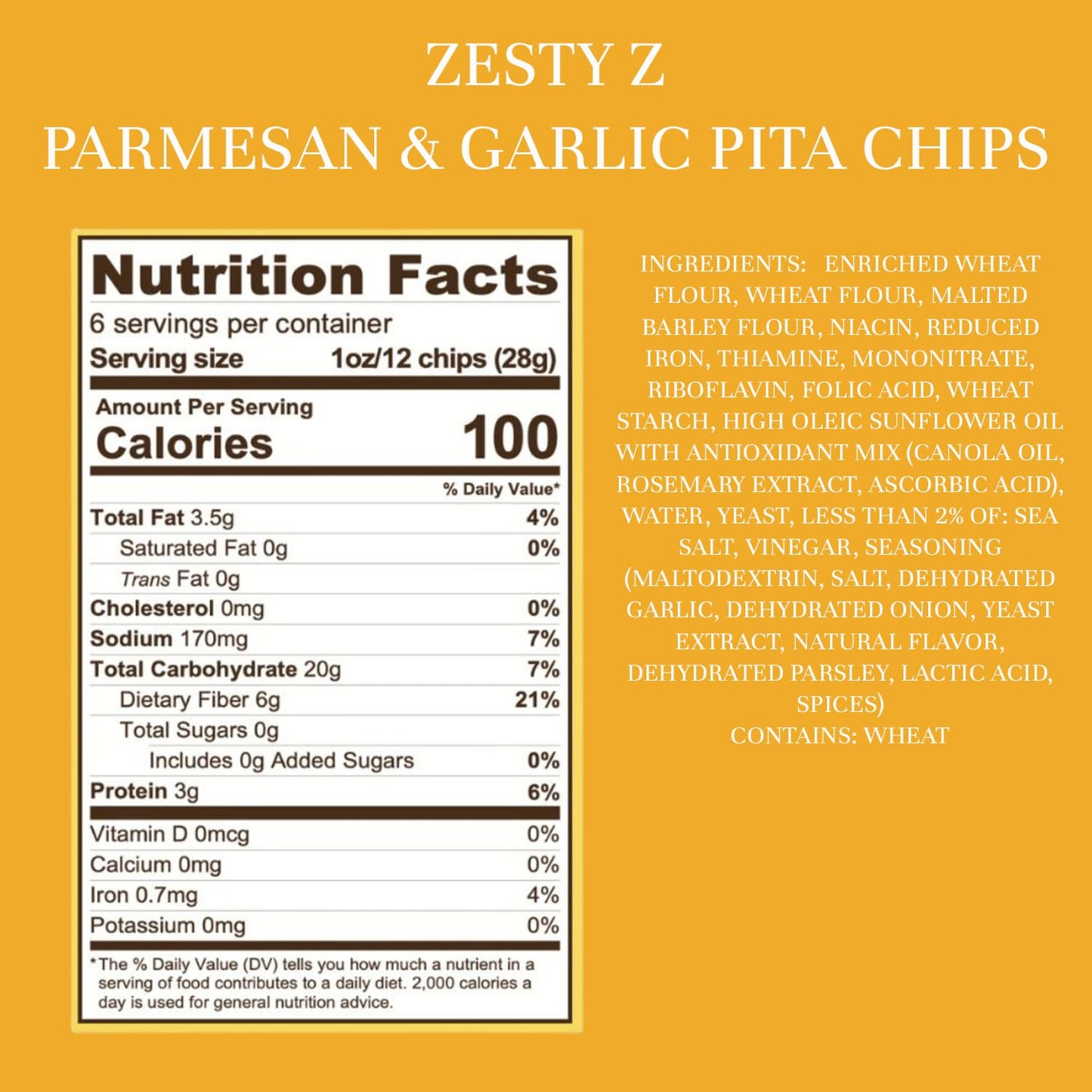 Zesty Z - High Fiber Pita Chip - Parmesan Garlic - High Fiber Snacks, 100 Calories Per Serving, Lower In Carbs - Healthy Snacks