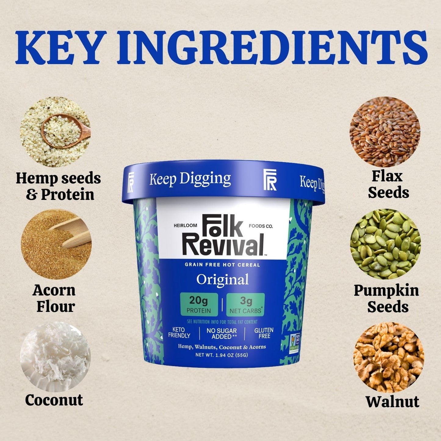 Folk Revival Original Keto Instant Oatmeal - 20G Protein, 3G Net Carbs, High Fiber, Non Gmo, Gluten Free, Made With Acorns - 12