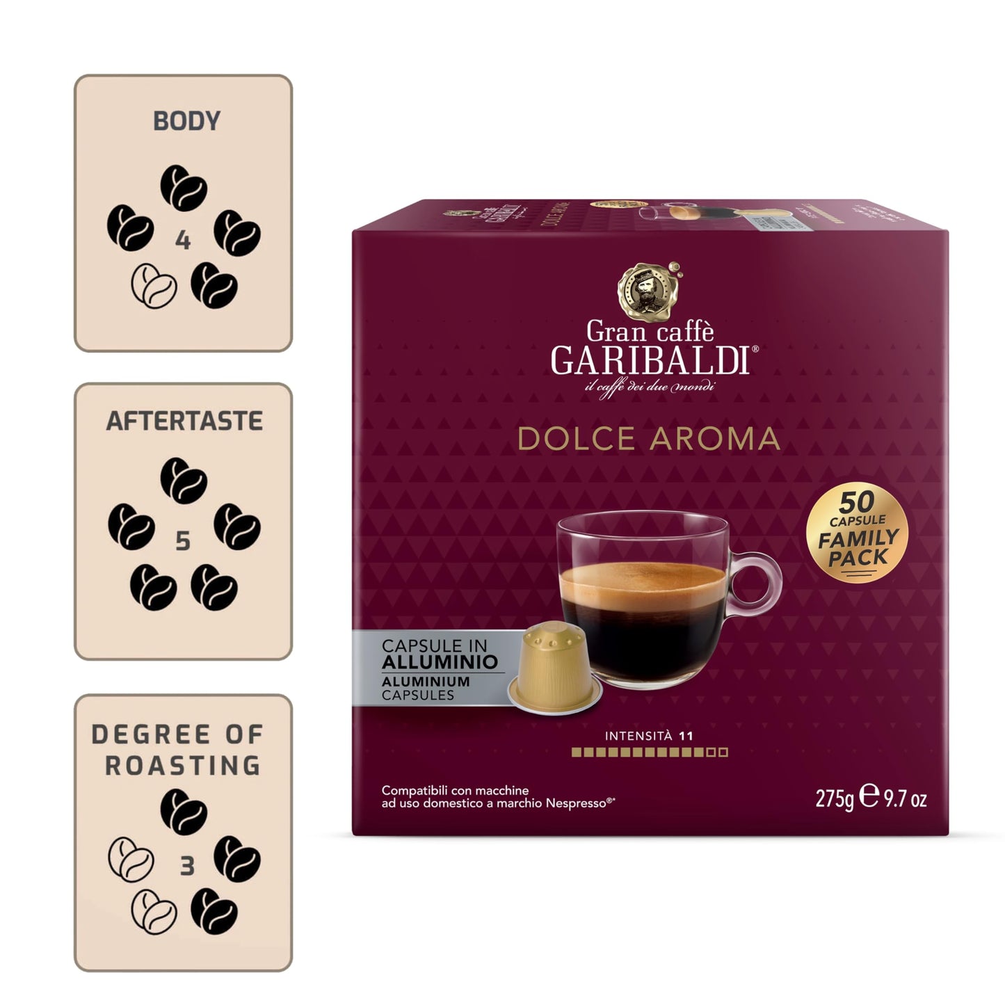 Caffè Garibaldi Espresso Pods, Italian Roasted Coffee, Compatible with Nespresso, 200 Aluminum Cups, Full-Bodied Crema
