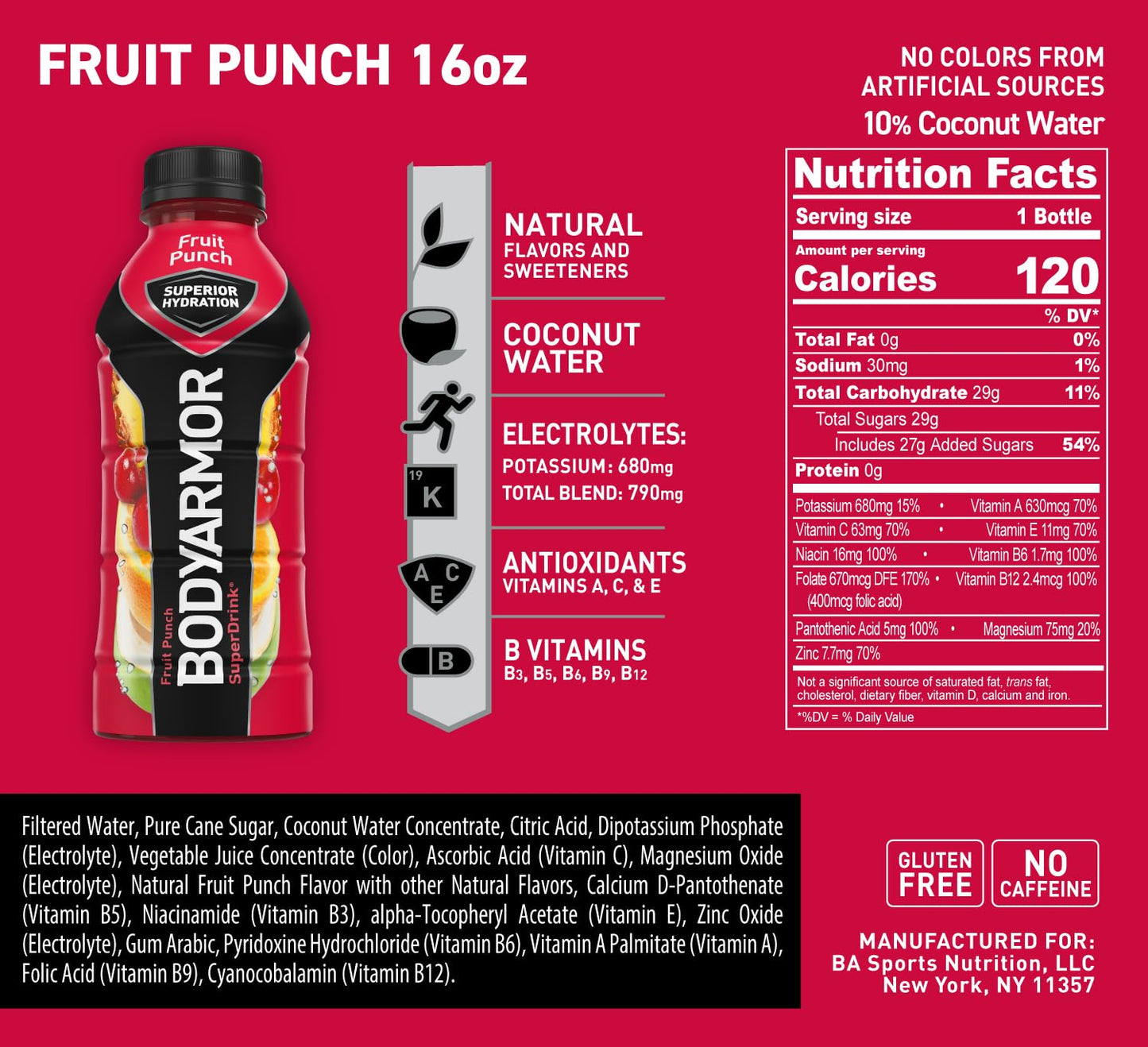 Bodyarmor Sports Drink Sports Beverage, Fruit Punch, Coconut Water Hydration, Natural Flavors With Vitamins, Potassium-Packed Electrolytes, Perfect For Athletes, 16 Fl Oz (Pack Of 12)