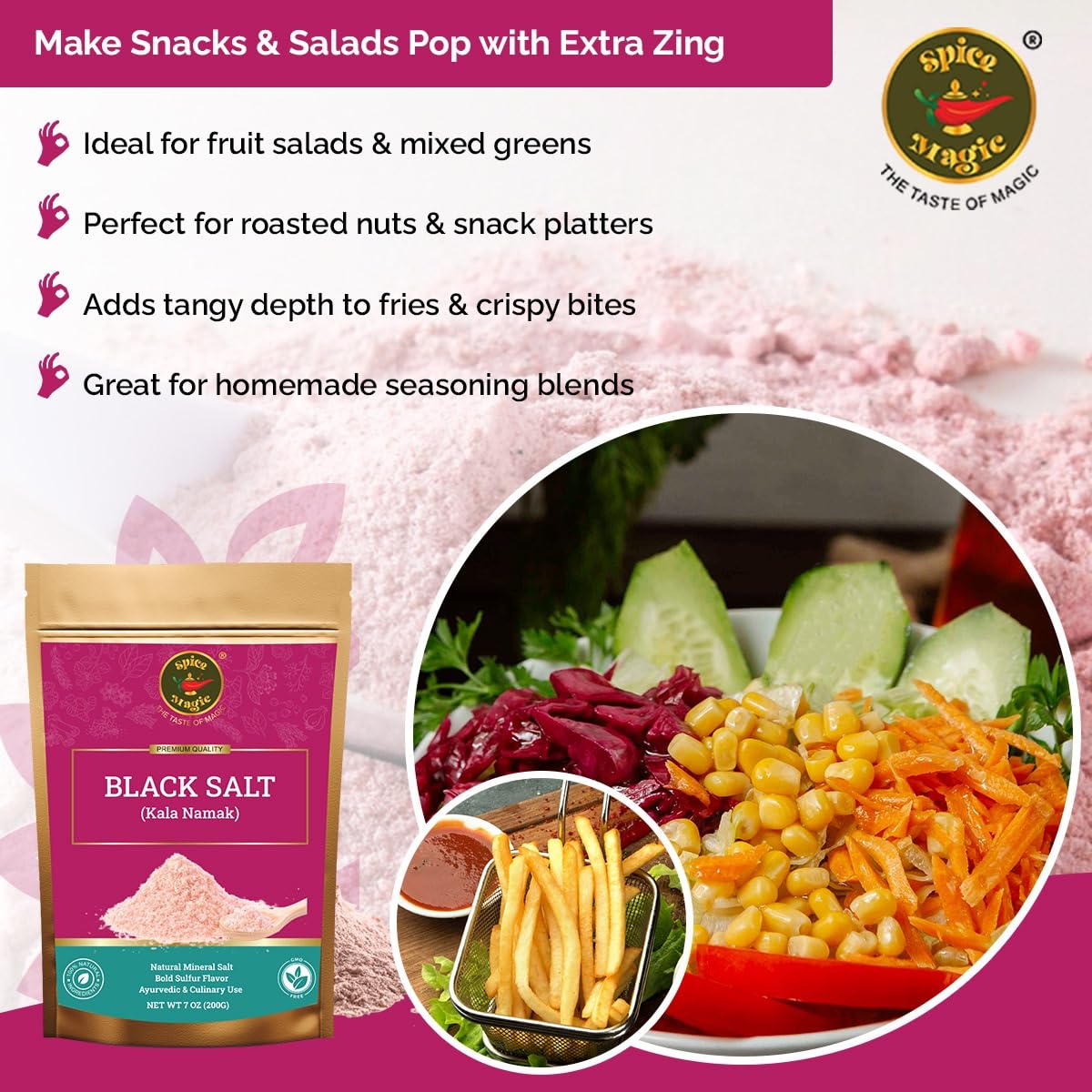 Spice Magic Black Salt (Kala Namak) - Authentic Indian Mineral Salt | Unique Tangy Flavor for Chaats, Curries & Vegan Recipes |