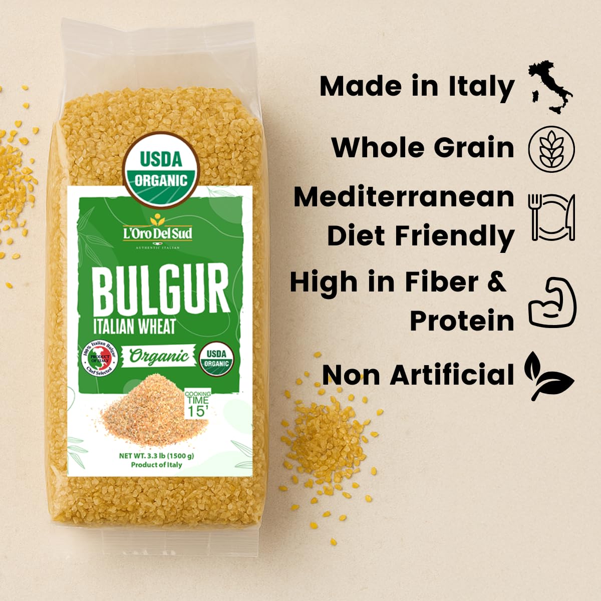 Organic Bulgur Wheat  3.3 lb  Italian Bulgur Wheat for Tabbouleh. ed  Coarse  Quick-cooking  Burghul  Product of Italy  LOro del Sud