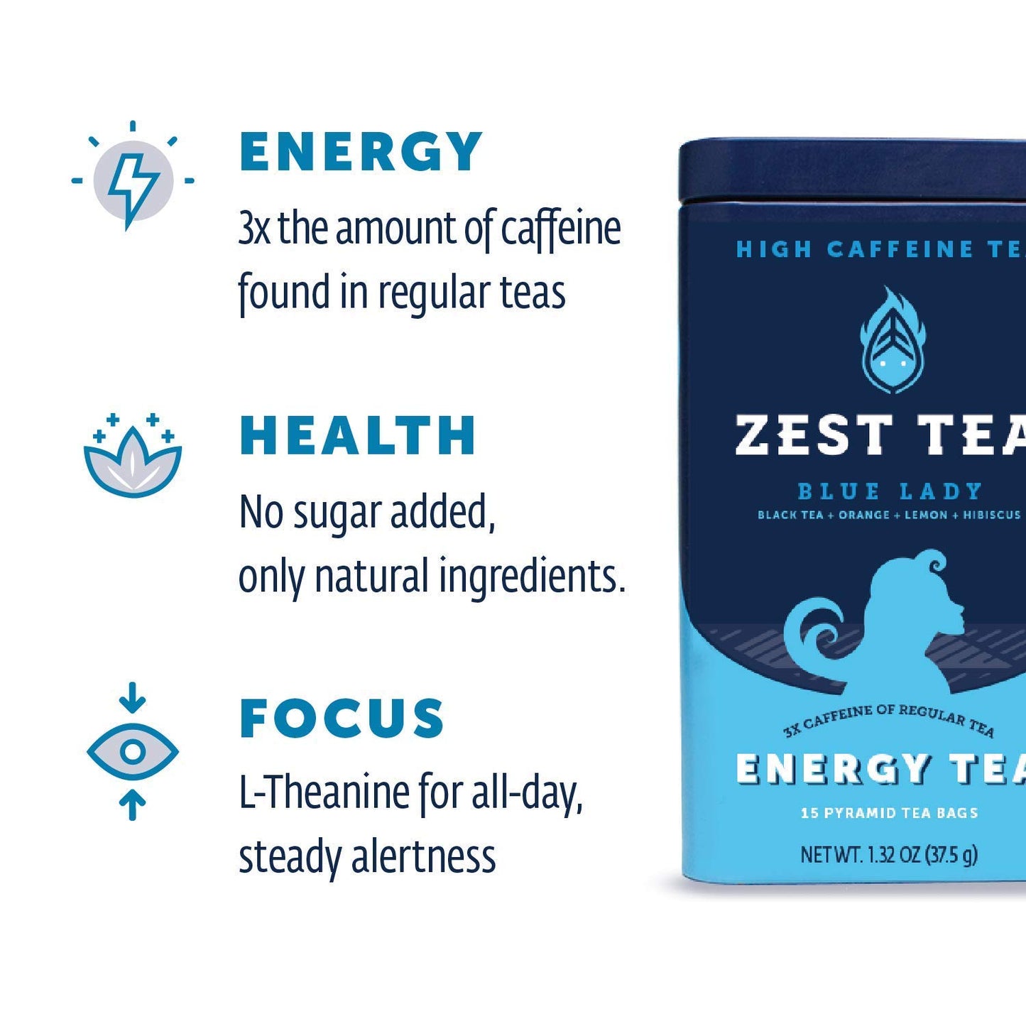 Zest Energy Tea Bags - Blue Lady Passion Fruit Black Tea - High Caffeine - 15 Count - Non-GMO & Keto Friendly