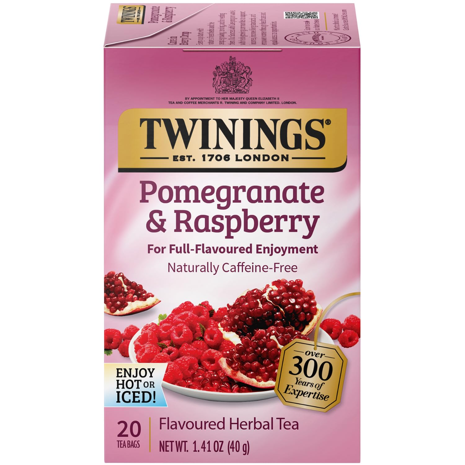 Twinings Pomegranate & Raspberry Tea - Naturally Caffeine-Free Herbal Tea Bags Individually Wrapped, 20 Count