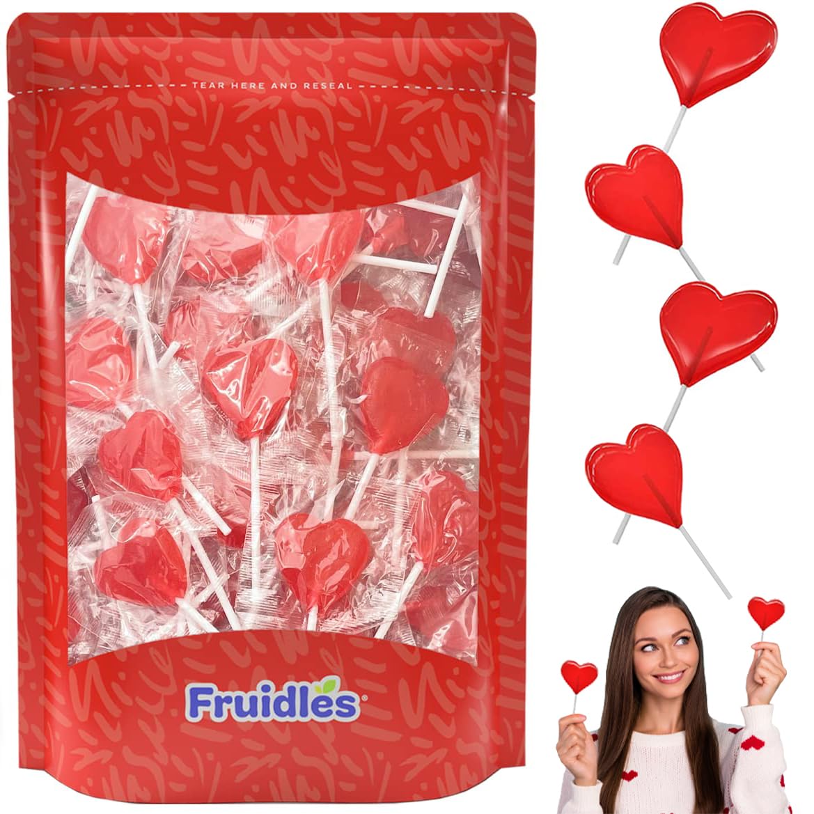 Fruidles Valentines Heart Lollipops, Red Heart Shaped Candy, Individually Wrapped, 12g Each, Approx. 90 Pops, 2 Pounds